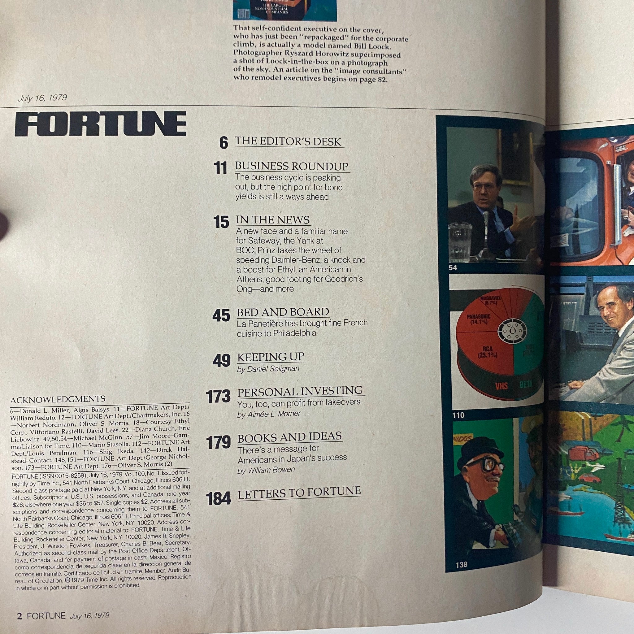 Interior page of Fortune Magazine July 16, 1979 showcasing the table of contents with articles including business roundup, personal investing, and insights on the corporate landscape.