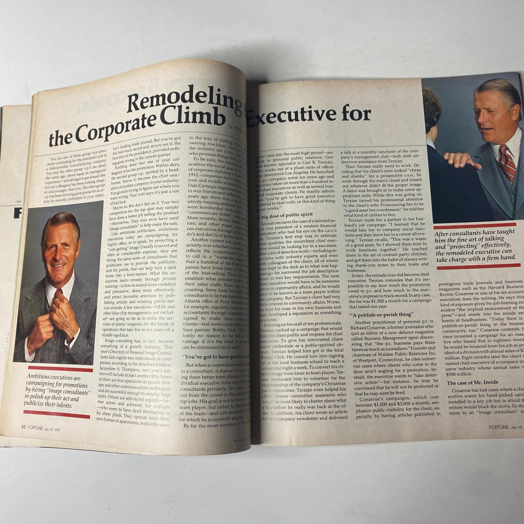 Feature article spread from Fortune Magazine, July 16, 1979, titled 'Remodeling the Executive for the Corporate Climb' discussing executive image and corporate strategies.