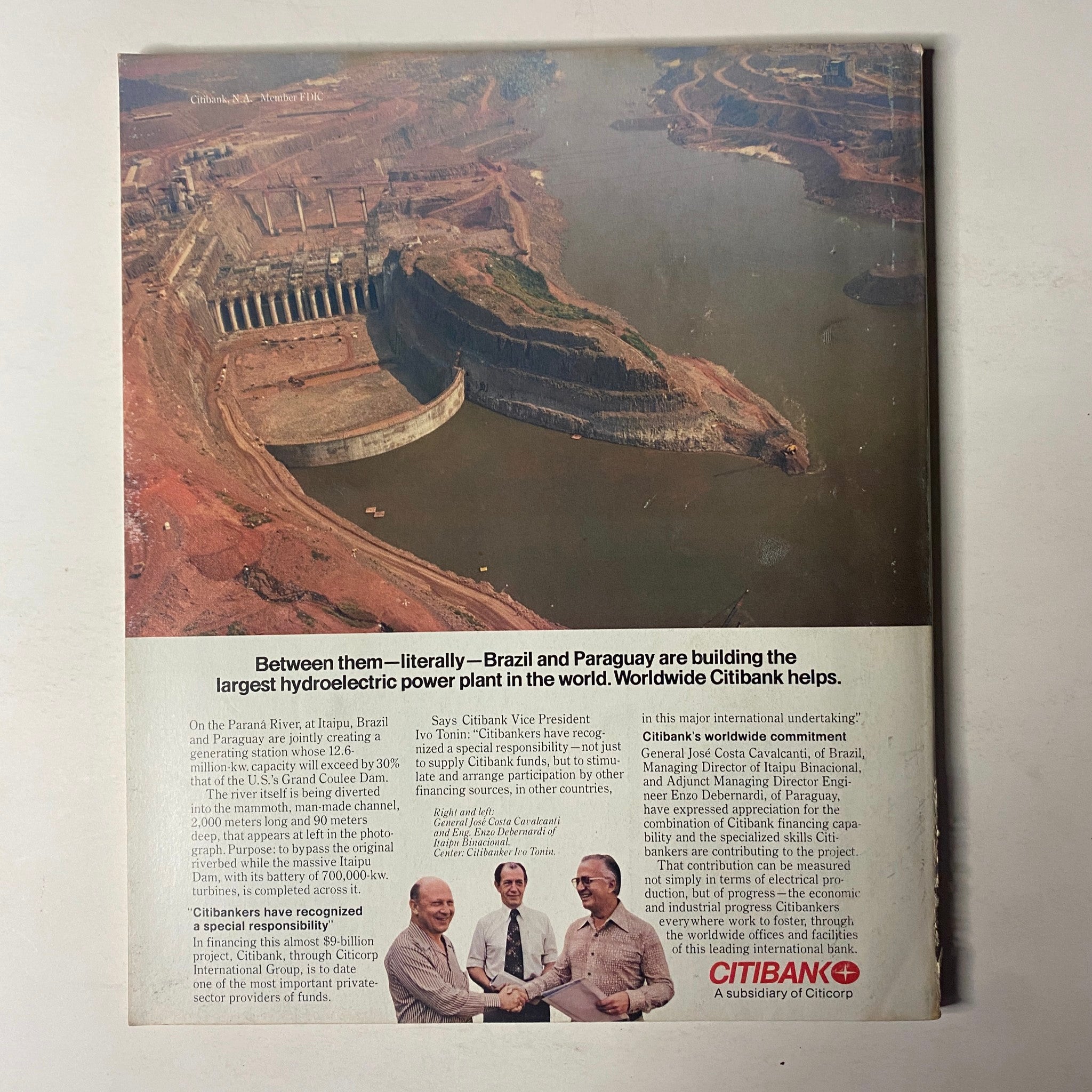 Back cover of Fortune Magazine, July 16, 1979, depicting a project on hydroelectric power plant collaboration between Brazil and Paraguay with Citibank's involvement.
