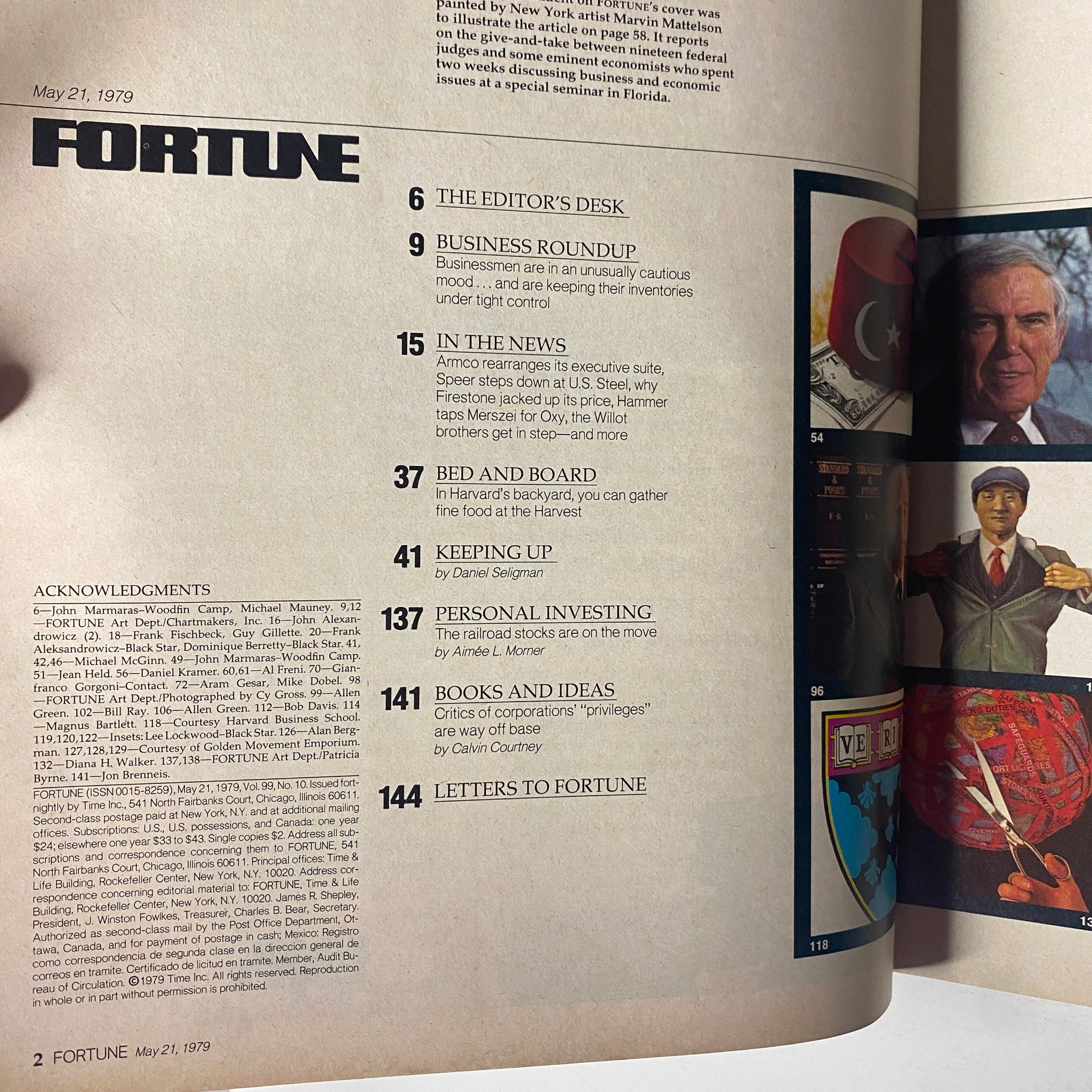 Interior page of Fortune Magazine May 21, 1979 showing the table of contents with notable articles including 'Business Roundup' and 'Personal Investing'.