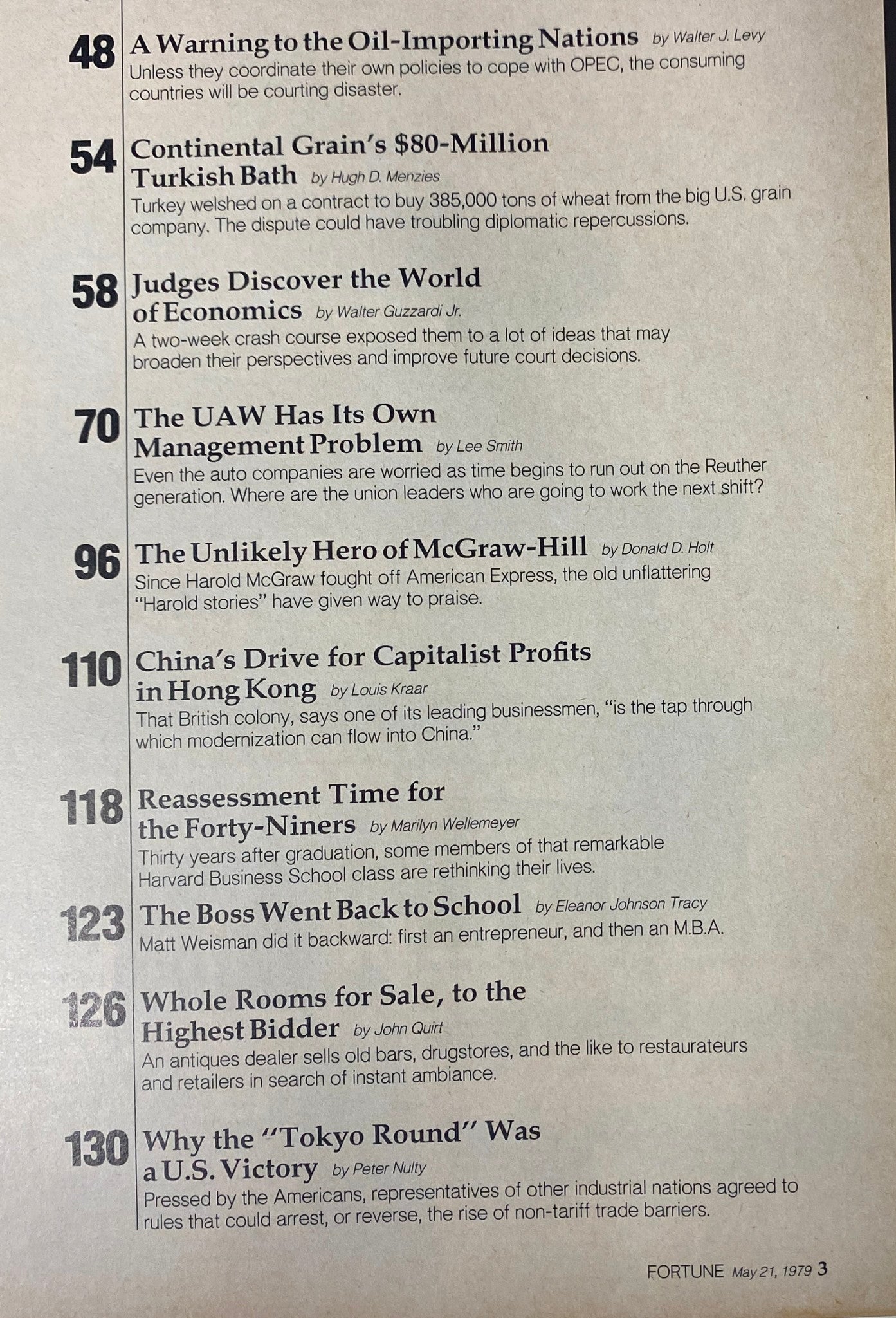Fortune Magazine May 21, 1979 Table of Contents showcasing articles including 'A Warning to the Oil-Importing Nations' and 'Judges Discover the World of Economics'.