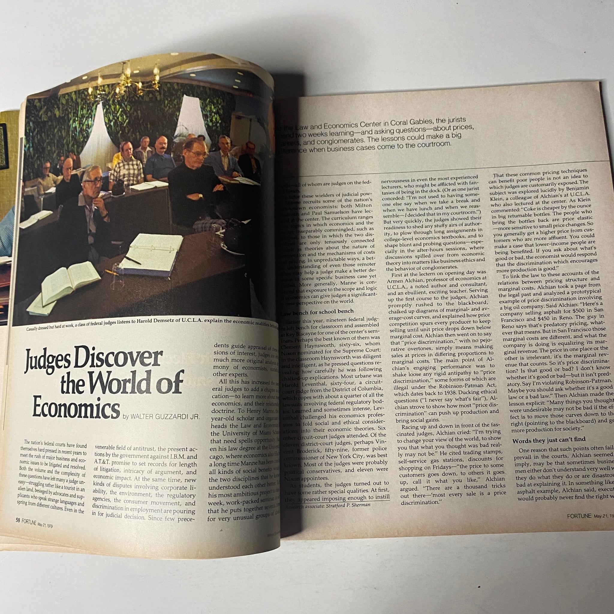 Fortune Magazine May 21, 1979 article page titled 'Judges Discover the World of Economics' featuring judges learning about economic principles, illustrating the intersection of law and economics.
