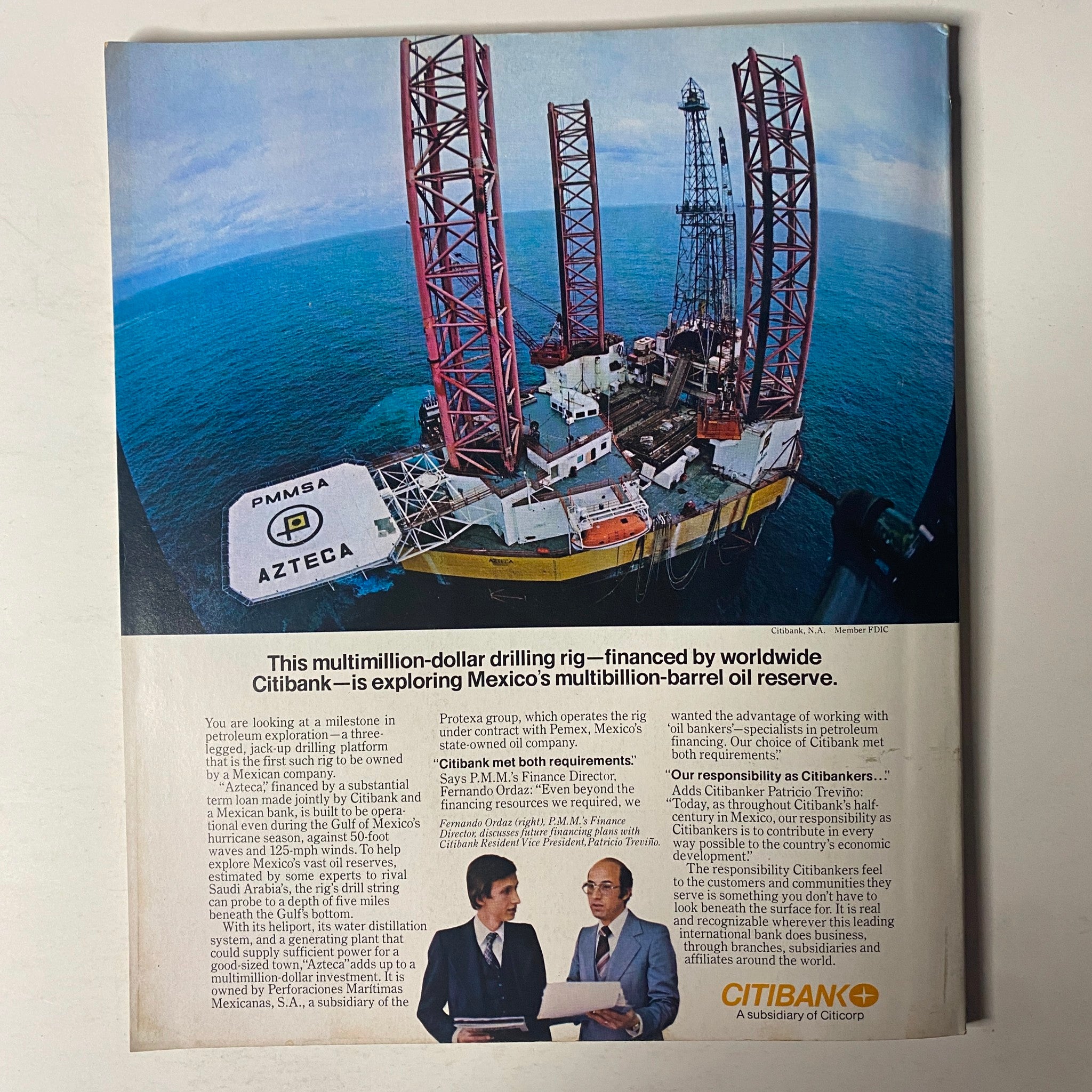 Fortune Magazine May 21, 1979 advertisement for Citibank featuring a multibillion-dollar drilling rig exploring Mexico's oil reserves, highlighting financial investments in oil exploration.