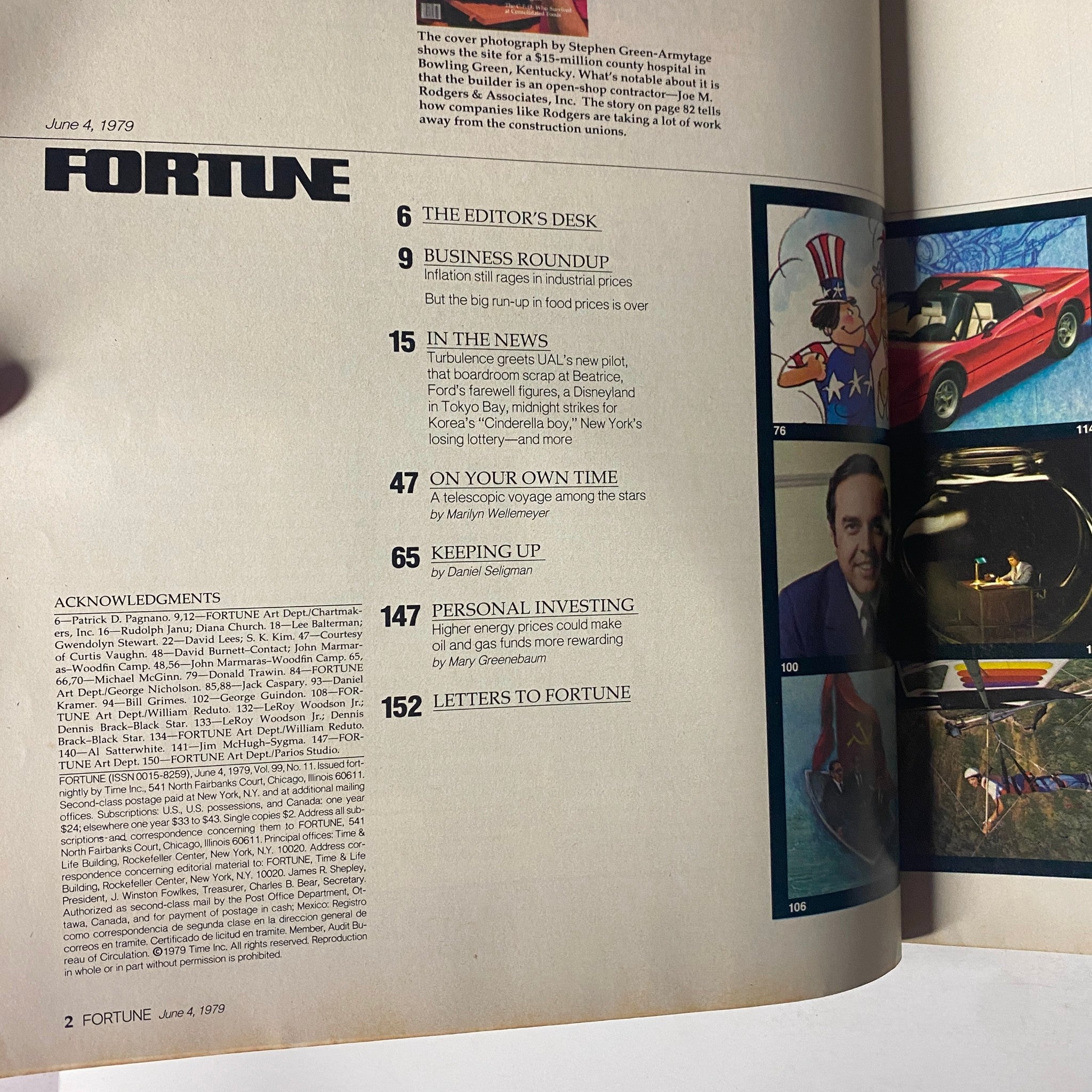 Inside page of Fortune Magazine June 4, 1979 showing index and notable articles, highlighting labor relations and corporate strategies.