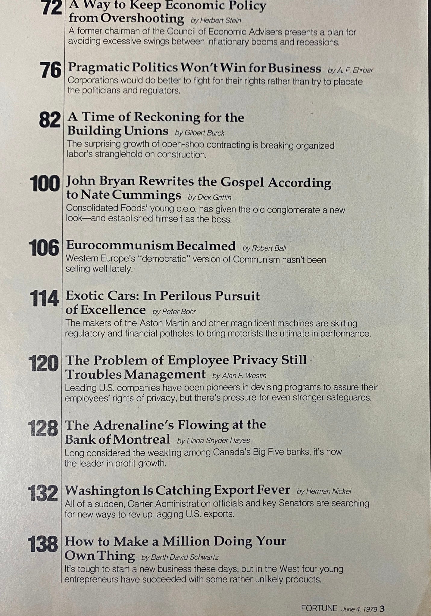 Contents page of Fortune Magazine June 4, 1979, featuring articles on economic policy, building unions, and employee privacy.
