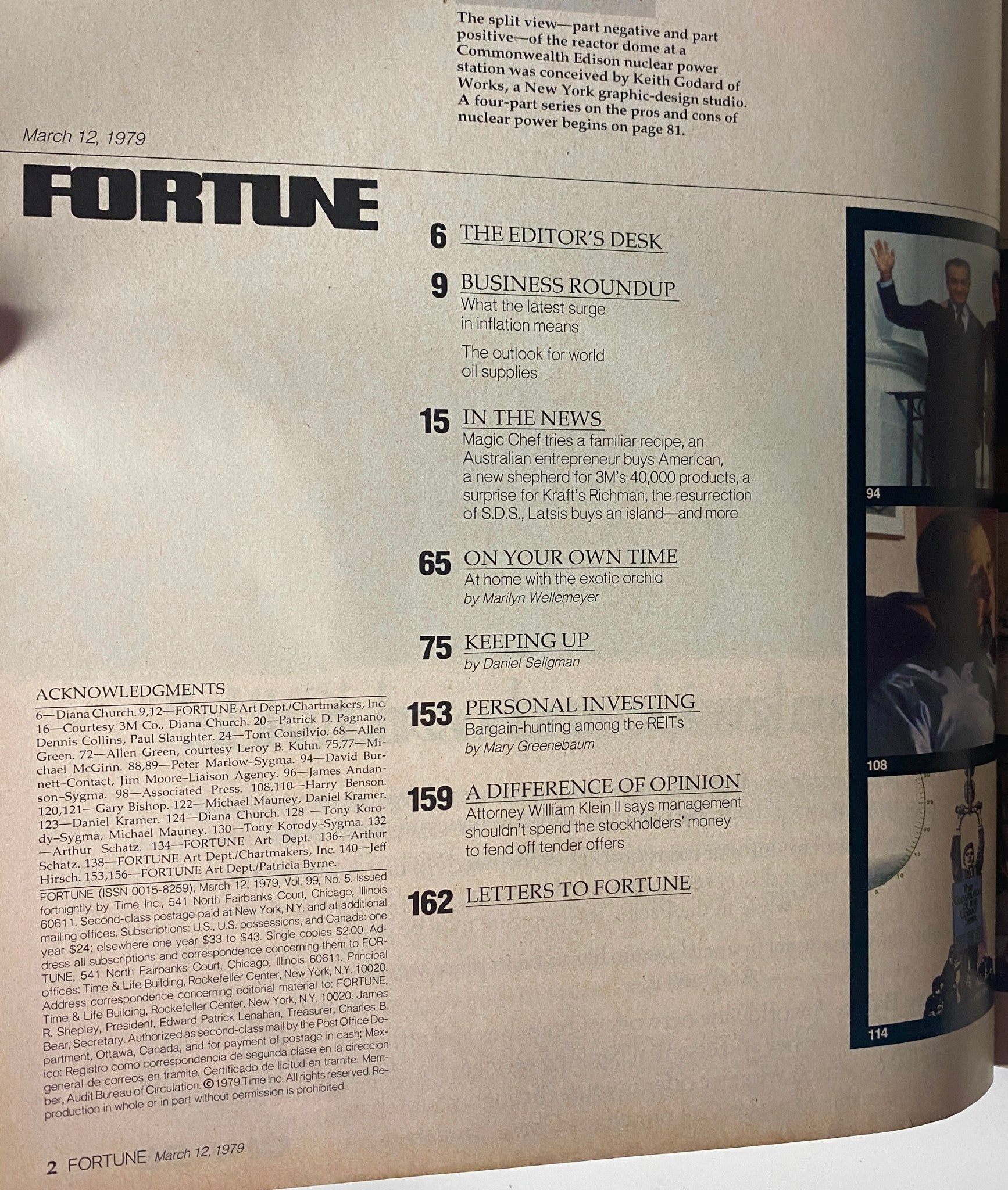 Inside page of Fortune Magazine March 12, 1979 showcasing the table of contents, with articles related to business, global oil supply, and nuclear energy.