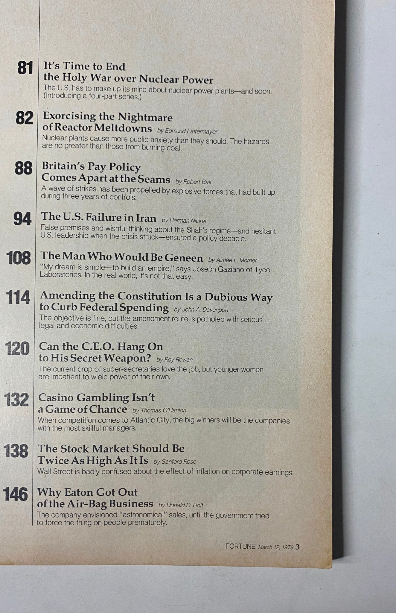 Table of contents of Fortune Magazine March 12, 1979 highlighting various articles, including discussions on nuclear power, economic issues, and corporate strategies.
