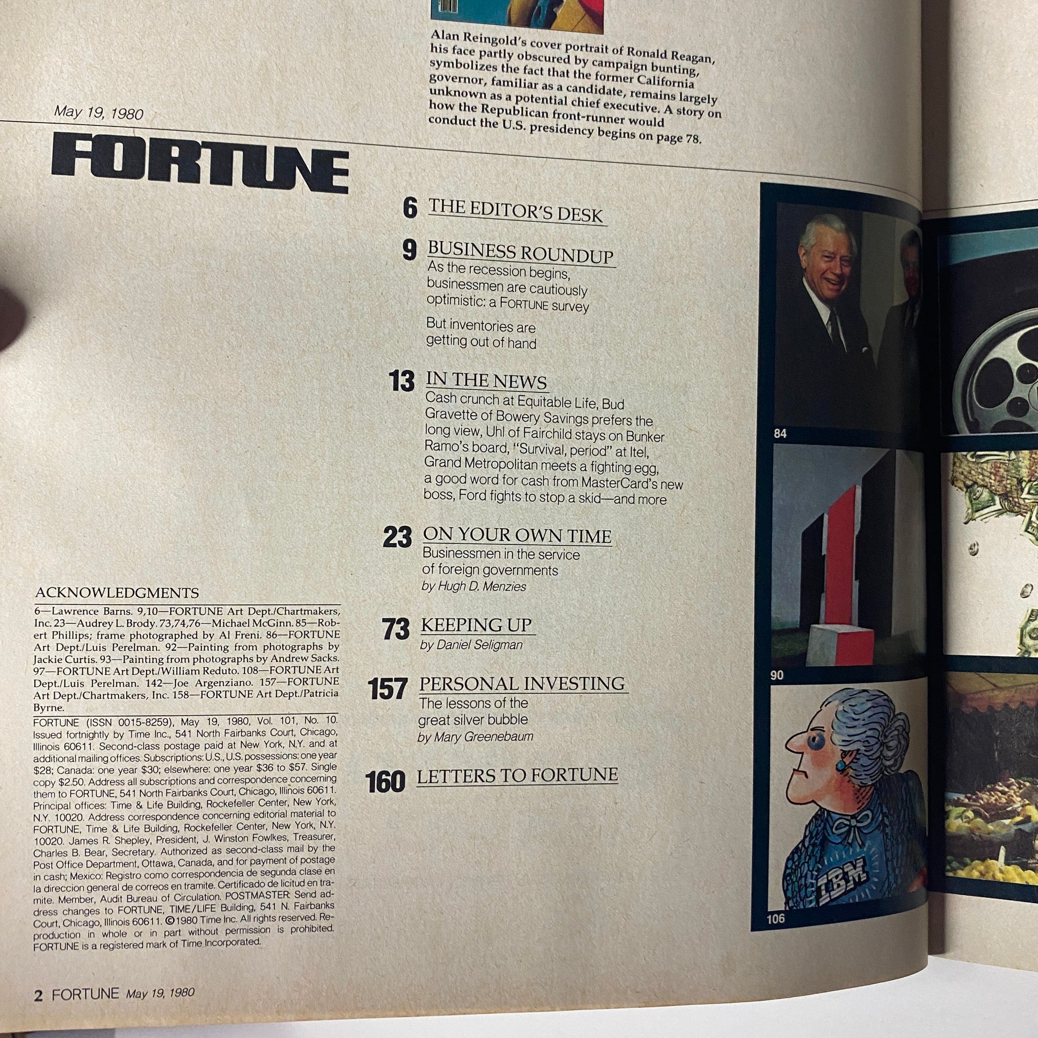 Table of contents from Fortune Magazine, May 19, 1980, outlining articles including business roundup, in the news, and personal investing, with a focus on economic challenges.
