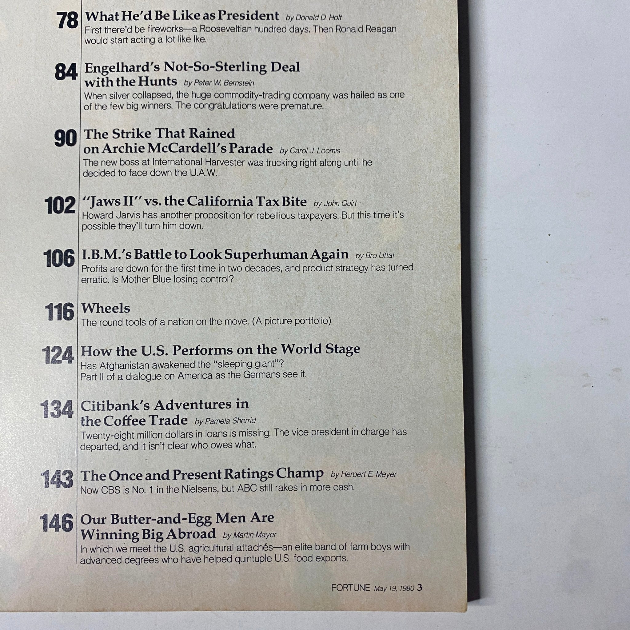 Table of contents from Fortune Magazine May 19, 1980 featuring articles on U.S. economic performance and political insights.