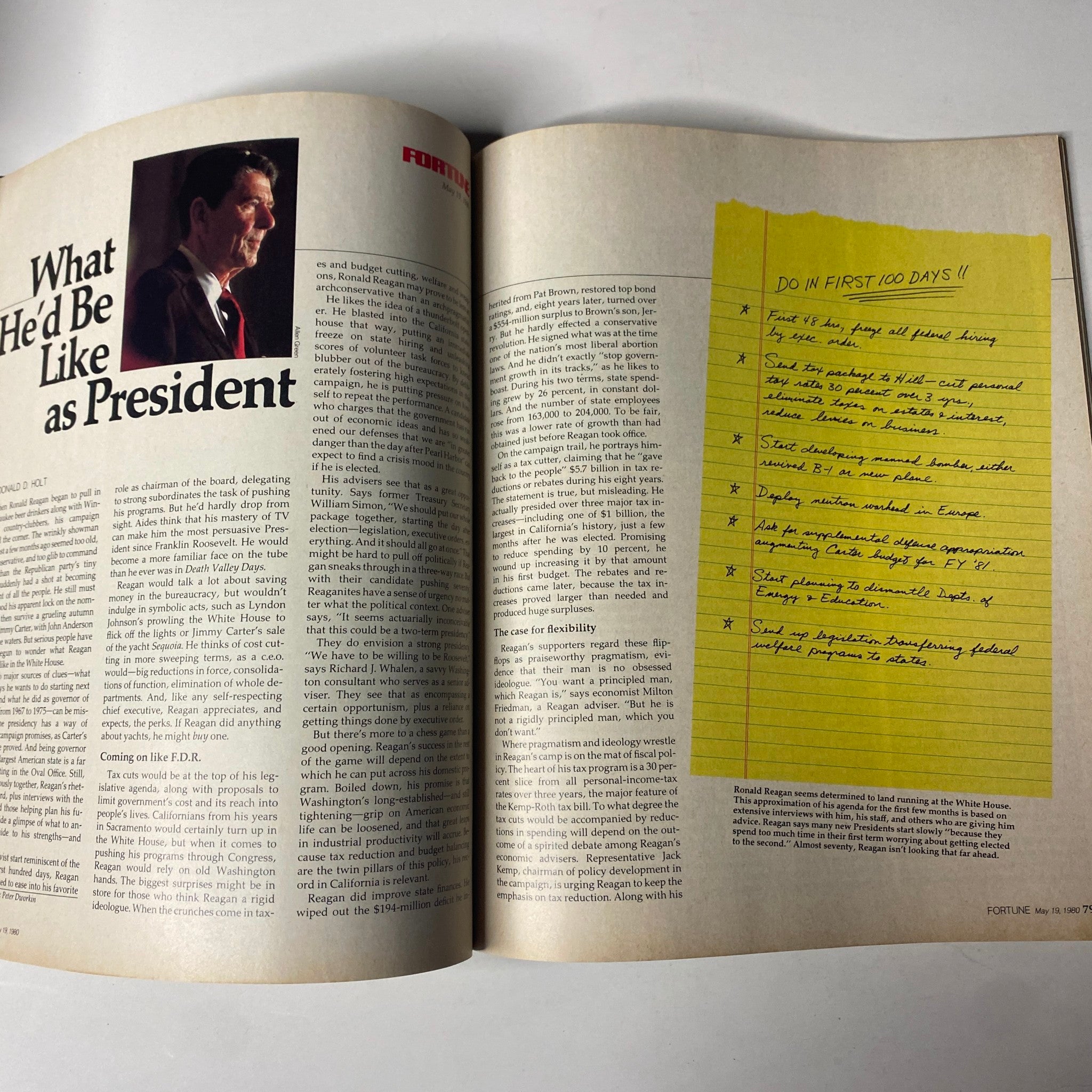 Page from Fortune Magazine May 19, 1980 discussing Ronald Reagan's projected presidency with a portrait image.