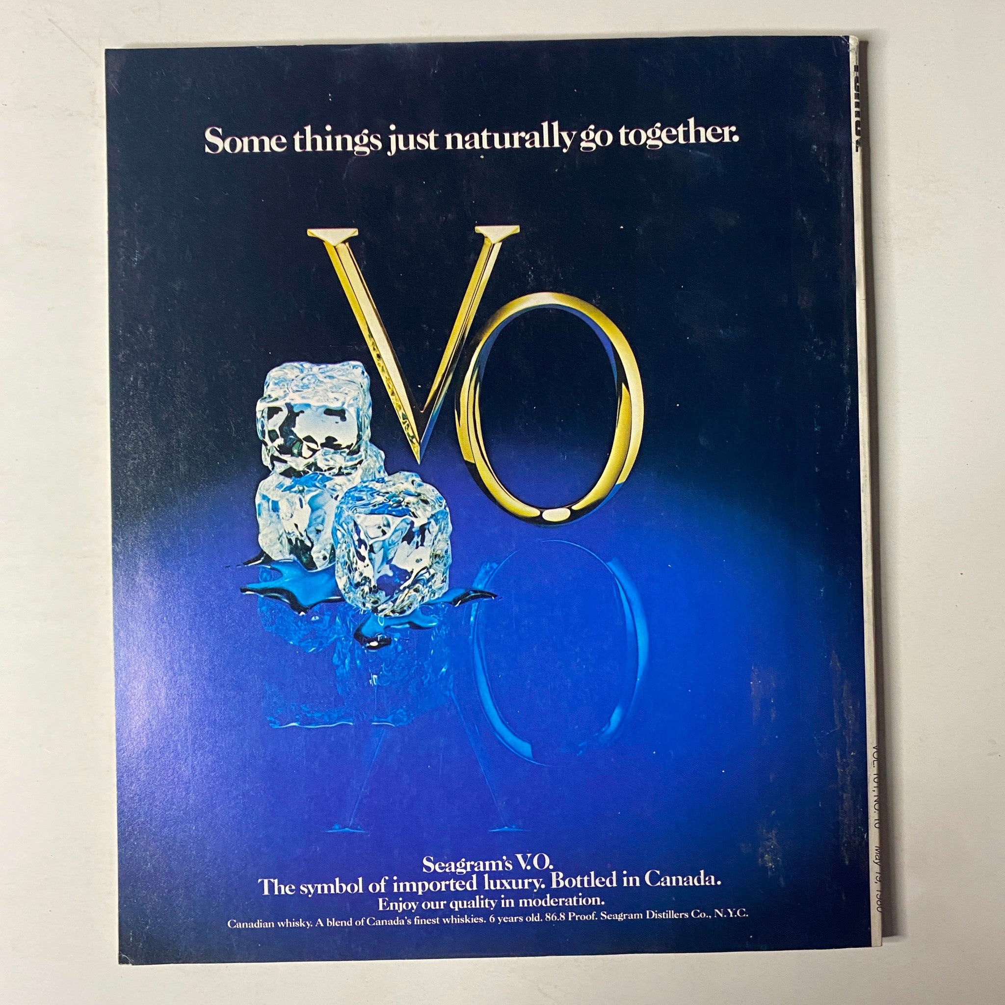 Back cover of Fortune Magazine May 19, 1980 advertising Seagram's V.O whisky with ice cubes.