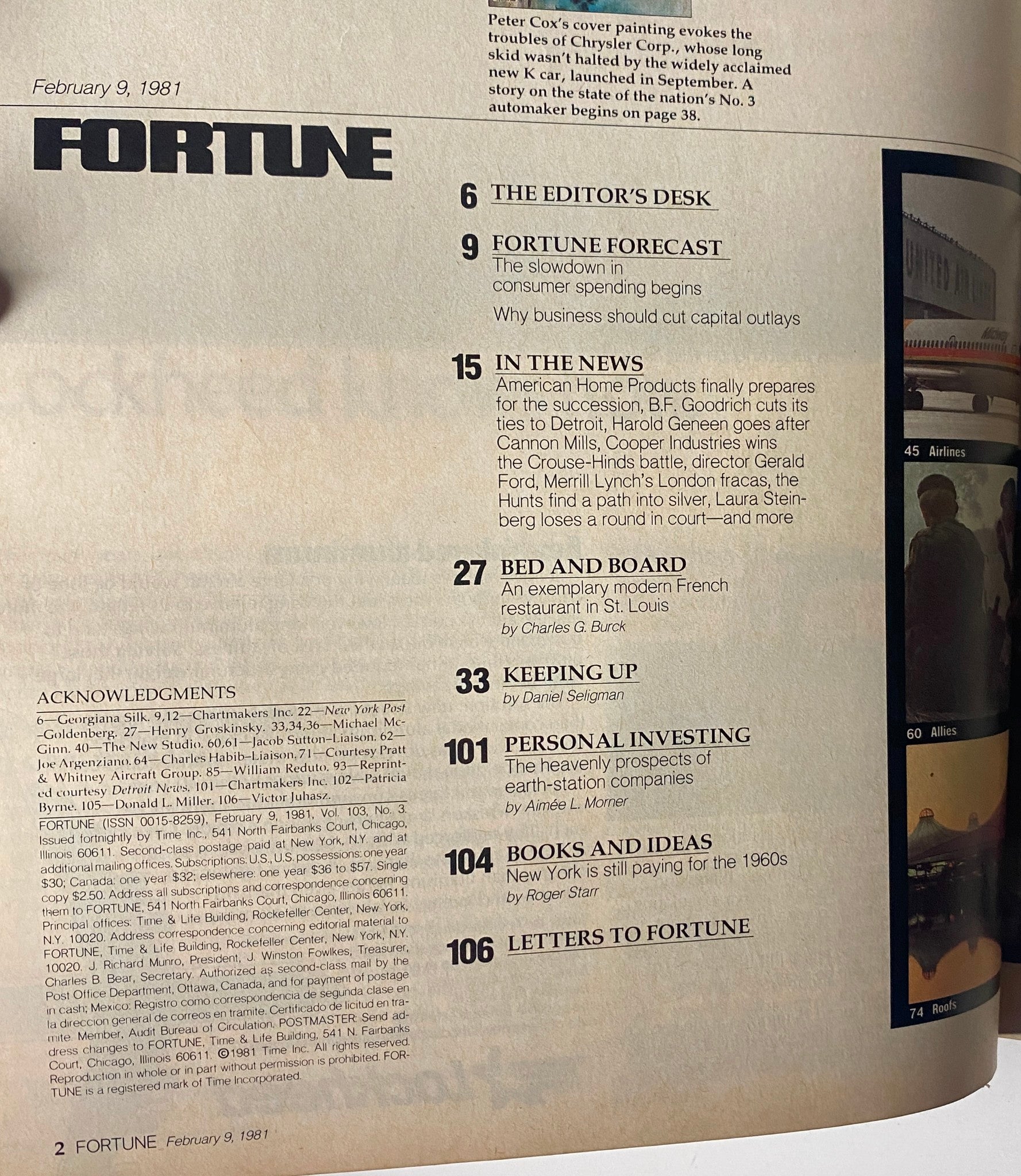 Page from Fortune Magazine, February 9, 1981, detailing article contents including 'Fortune Forecast' and 'In the News' highlighting economic trends and corporate challenges.