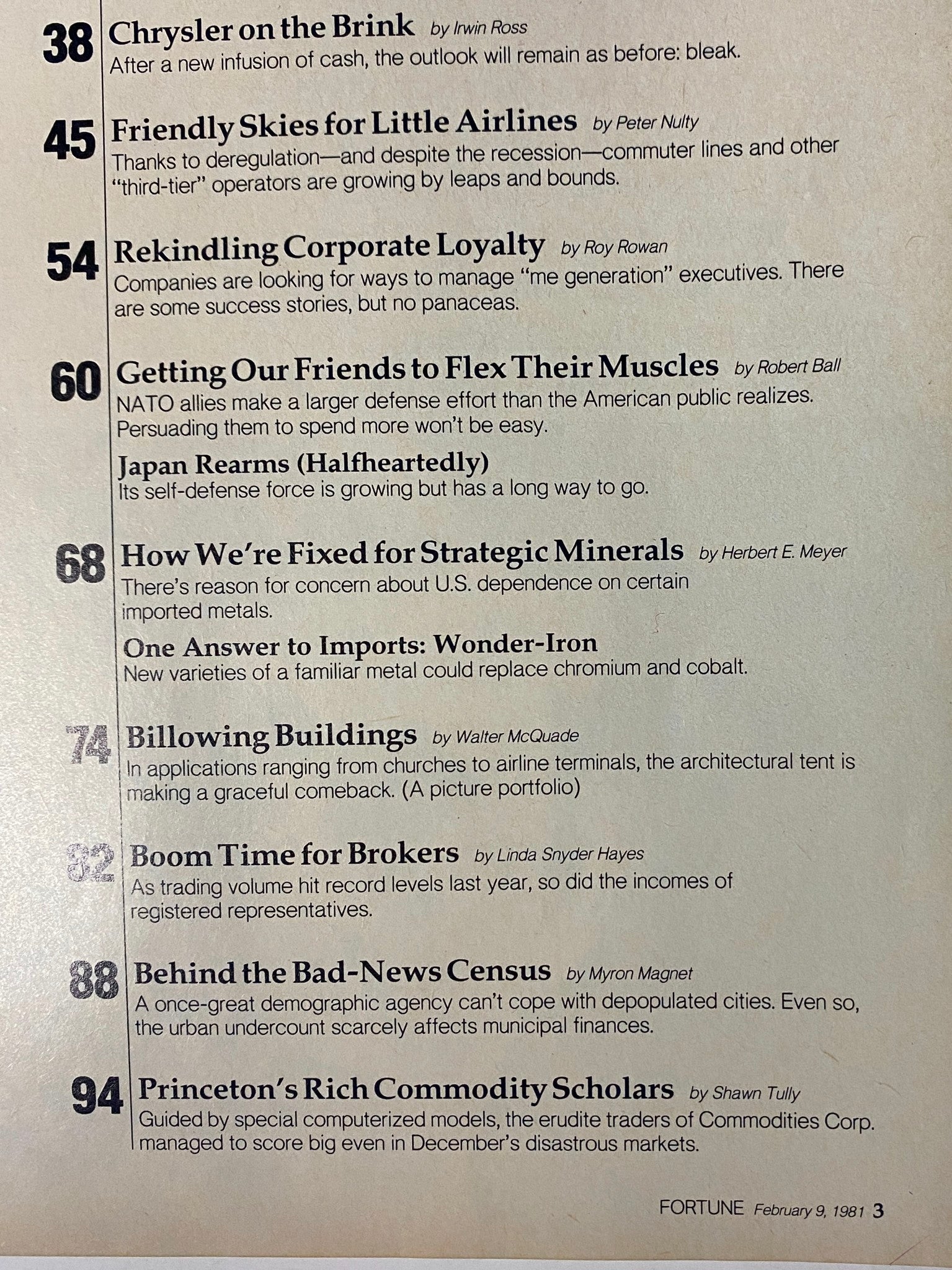 Table of contents from Fortune Magazine February 9, 1981, featuring key articles such as 'Chrysler on the Brink', a detailed examination of Chrysler's financial troubles during the early 1980s.