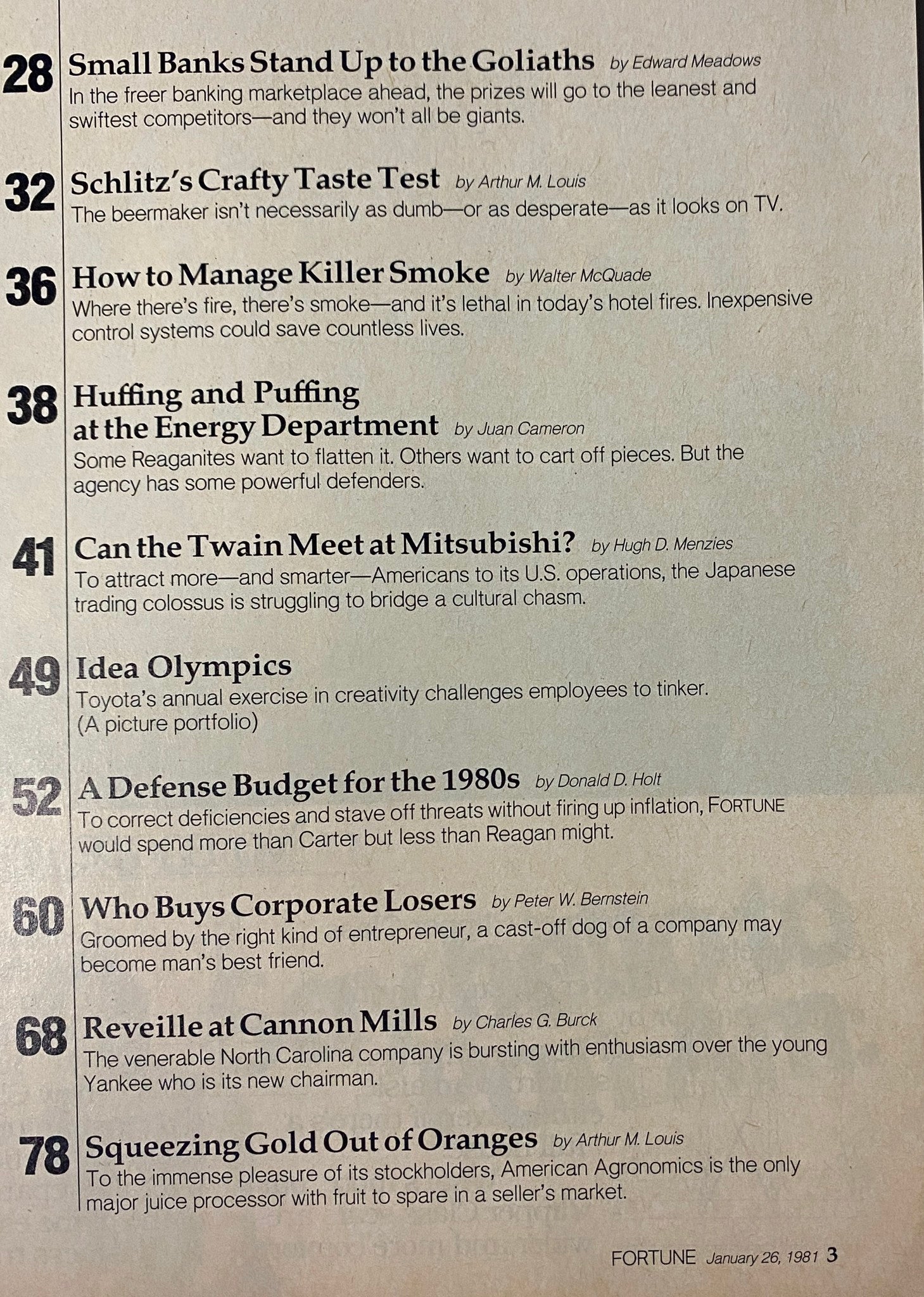 Table of contents from Fortune Magazine January 26, 1981, showcasing articles including 'Who Buys Corporate Losers' and other economic insights from the 1980s.