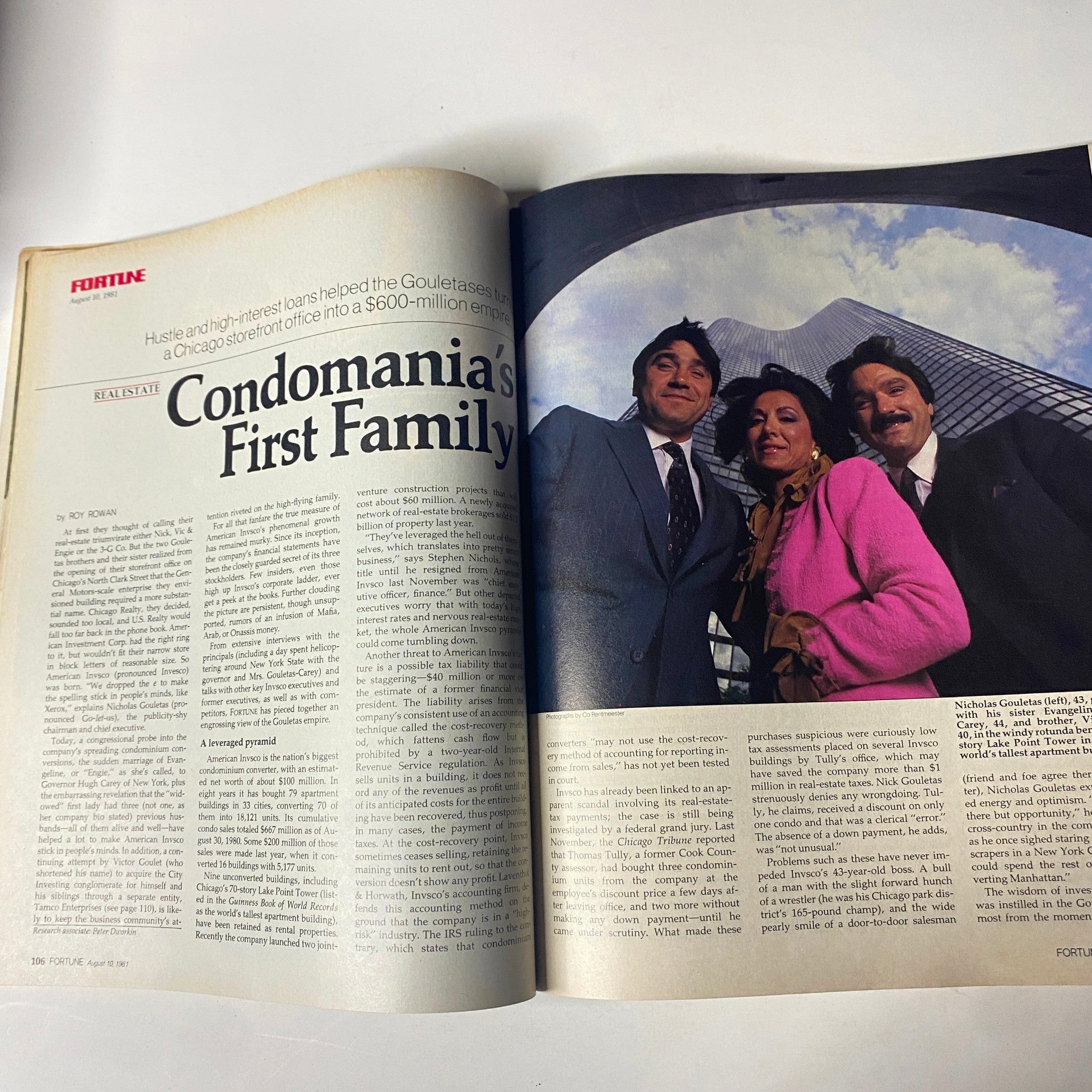 In-depth article spread from Fortune Magazine August 10, 1981, titled 'Condomania's First Family', featuring three individuals linked to the condominium development boom.