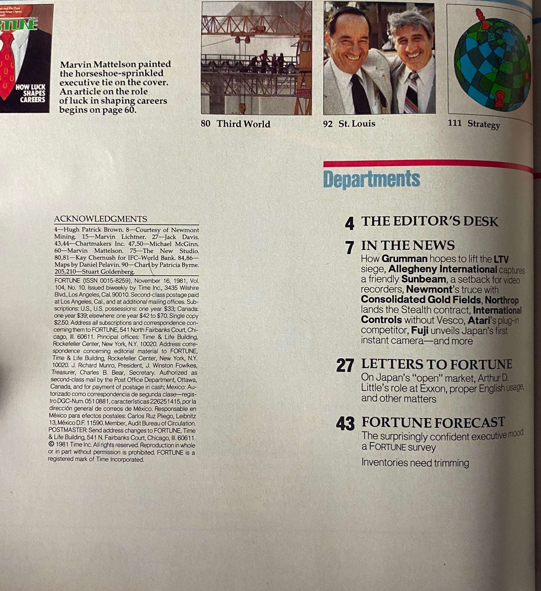 Contents page of Fortune Magazine, November 16, 1981, highlighting different articles including 'How Luck Shapes Careers' and featuring acknowledgments and editorial details.