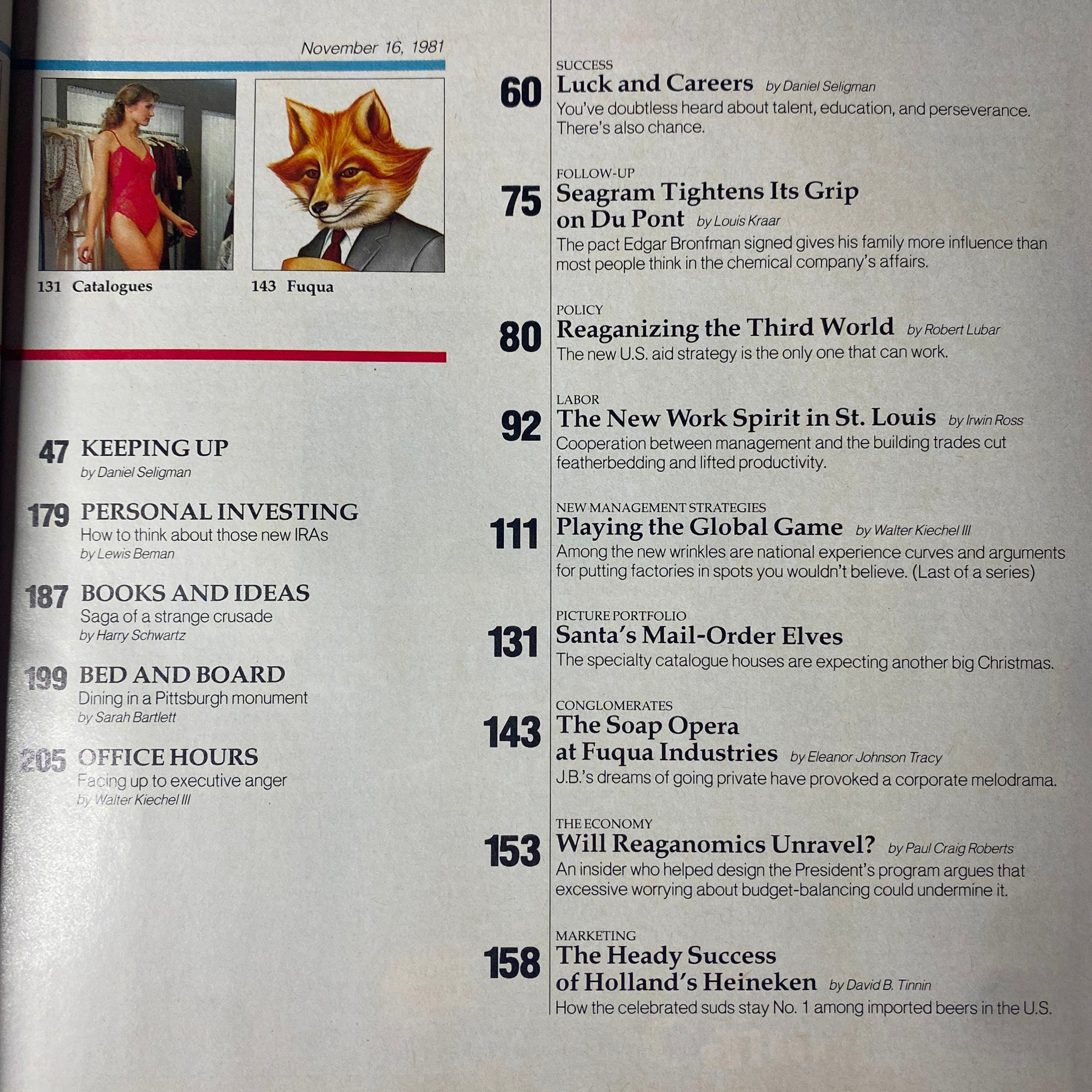 Table of contents from Fortune Magazine November 16, 1981 showcasing articles including 'Luck and Careers' and 'The Soap Opera at Fuqua Industries'.