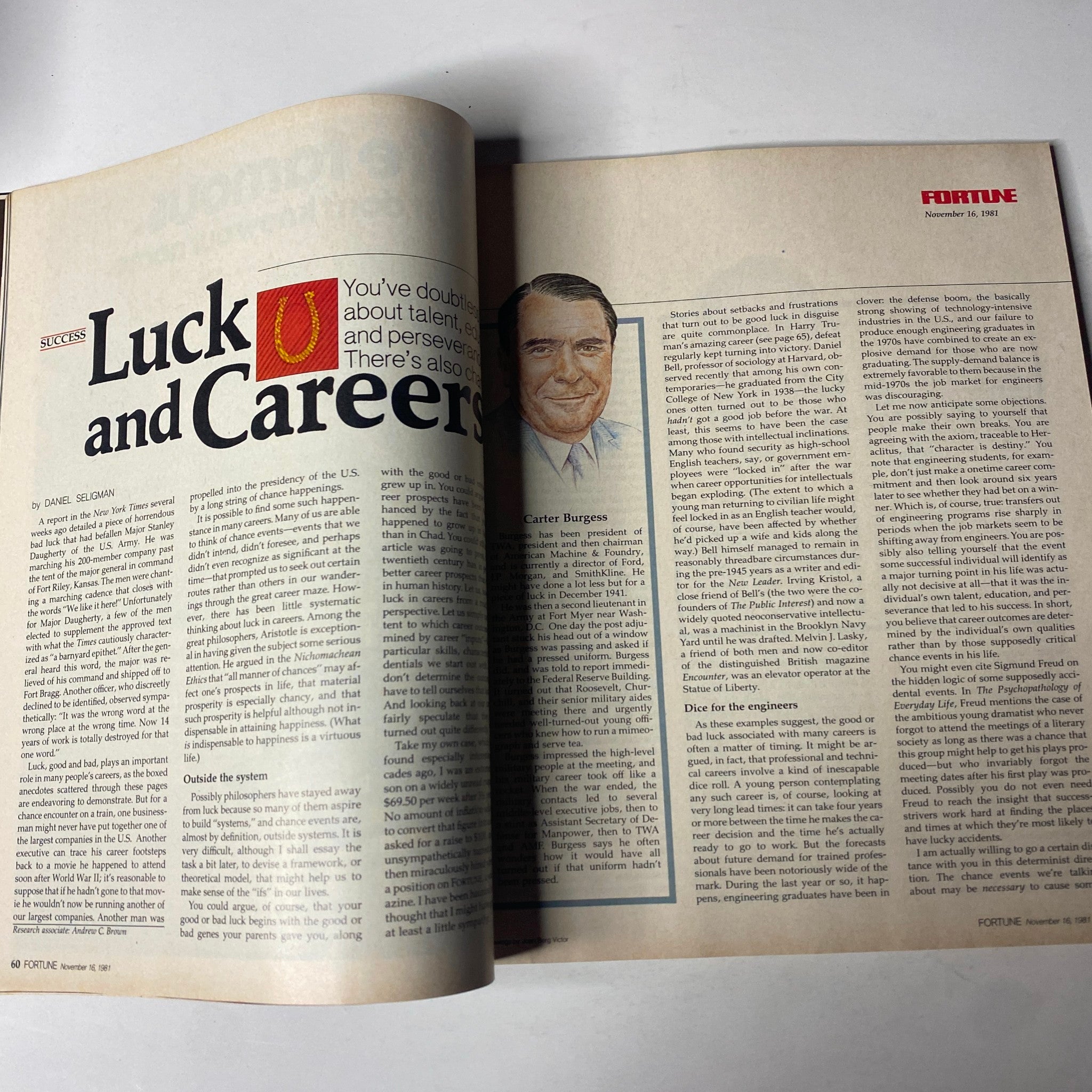 Article spread titled 'Luck and Careers' from Fortune Magazine November 16, 1981, discussing the influence of luck on professional success.