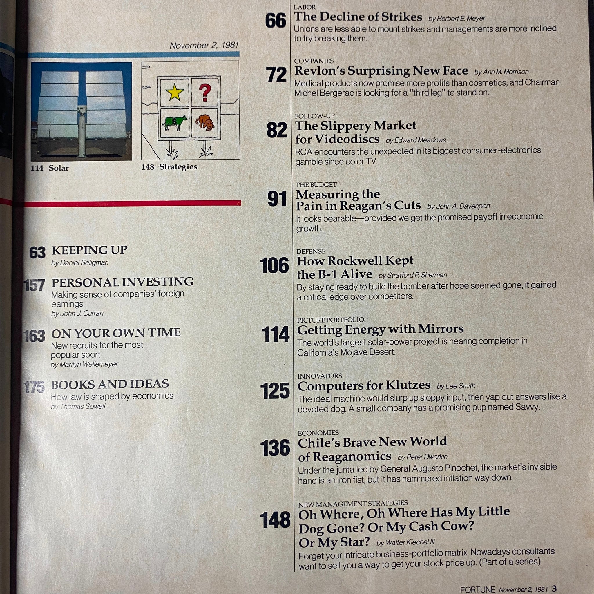 Table of contents from Fortune Magazine November 2, 1981, featuring articles like 'The Decline of Strikes' and highlighting business trends and economic insights.