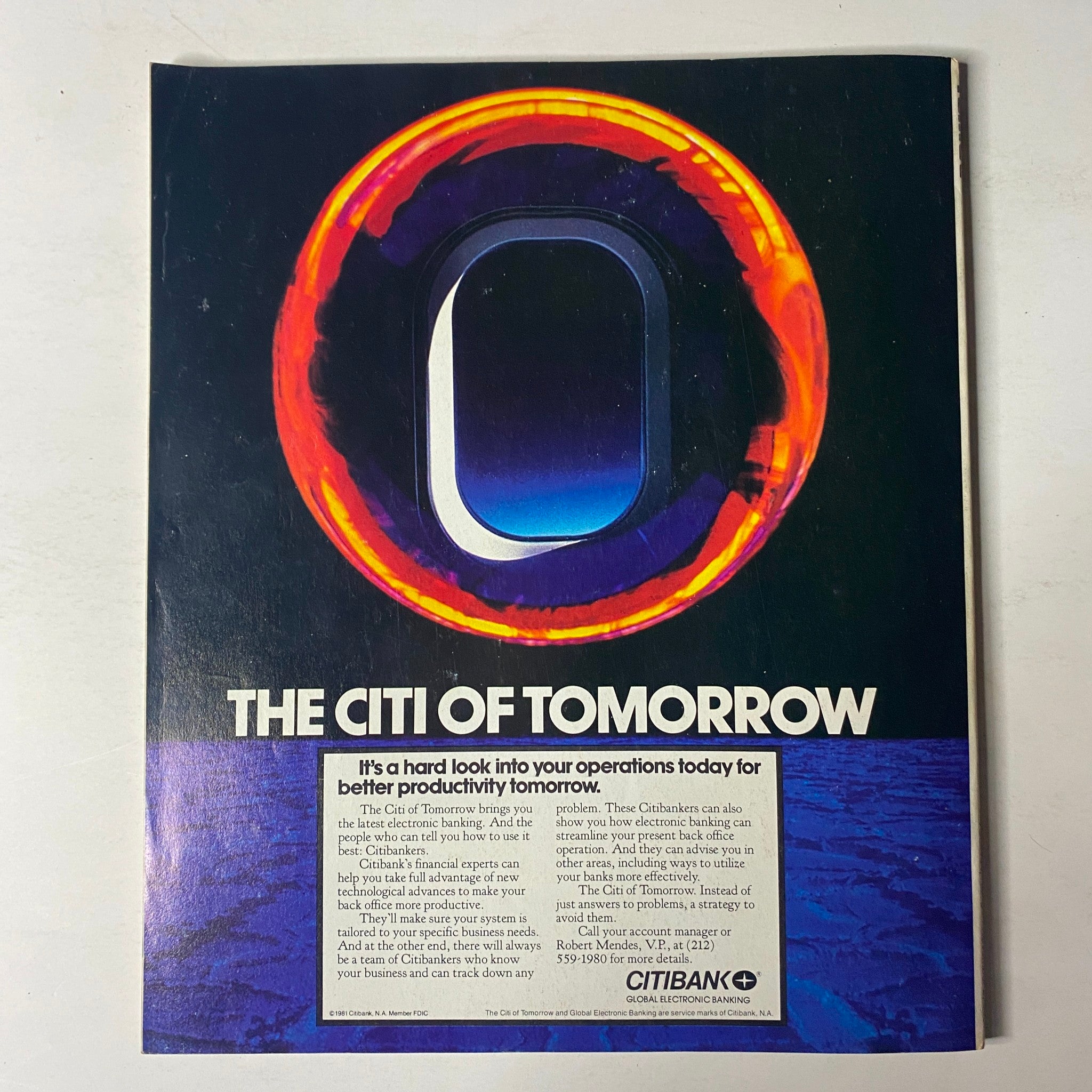 Back cover of Fortune Magazine November 2, 1981, showcasing an advertisement for Citibank's 'The Citi of Tomorrow' campaign highlighting electronic banking solutions.