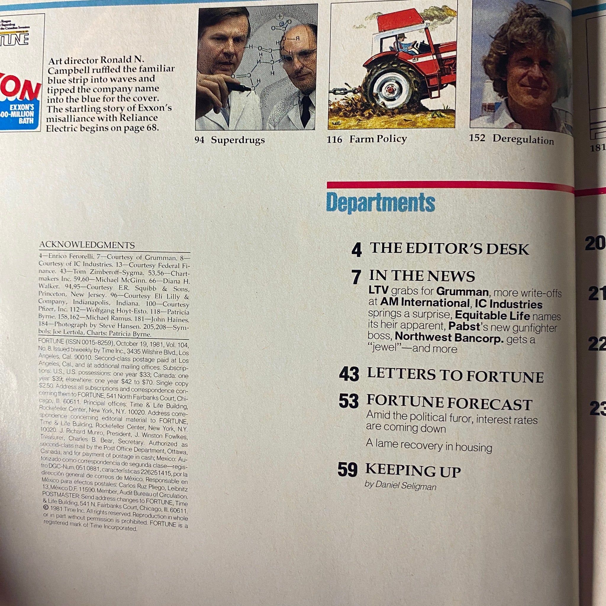 Inside page of Fortune Magazine, October 19, 1981, listing departments and articles including 'In the News', 'Fortune Forecast', and the cover story discussing Exxon's investment issues.