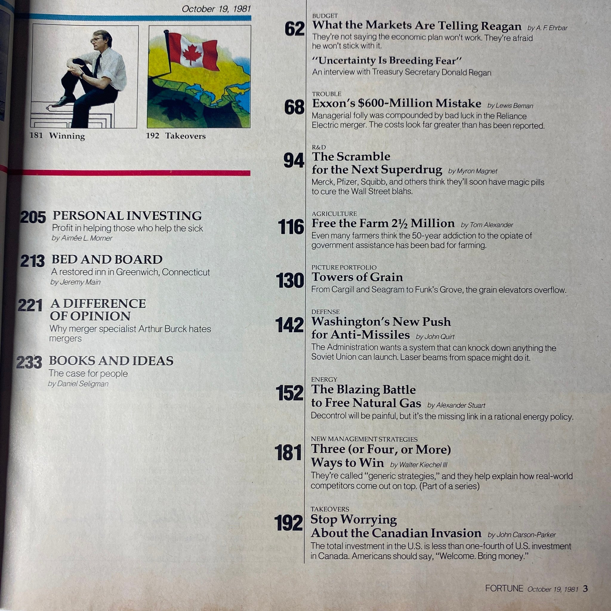Table of contents from Fortune Magazine October 19, 1981, featuring key articles including 'Exxon's $600-Million Mistake' and 'Winning'.