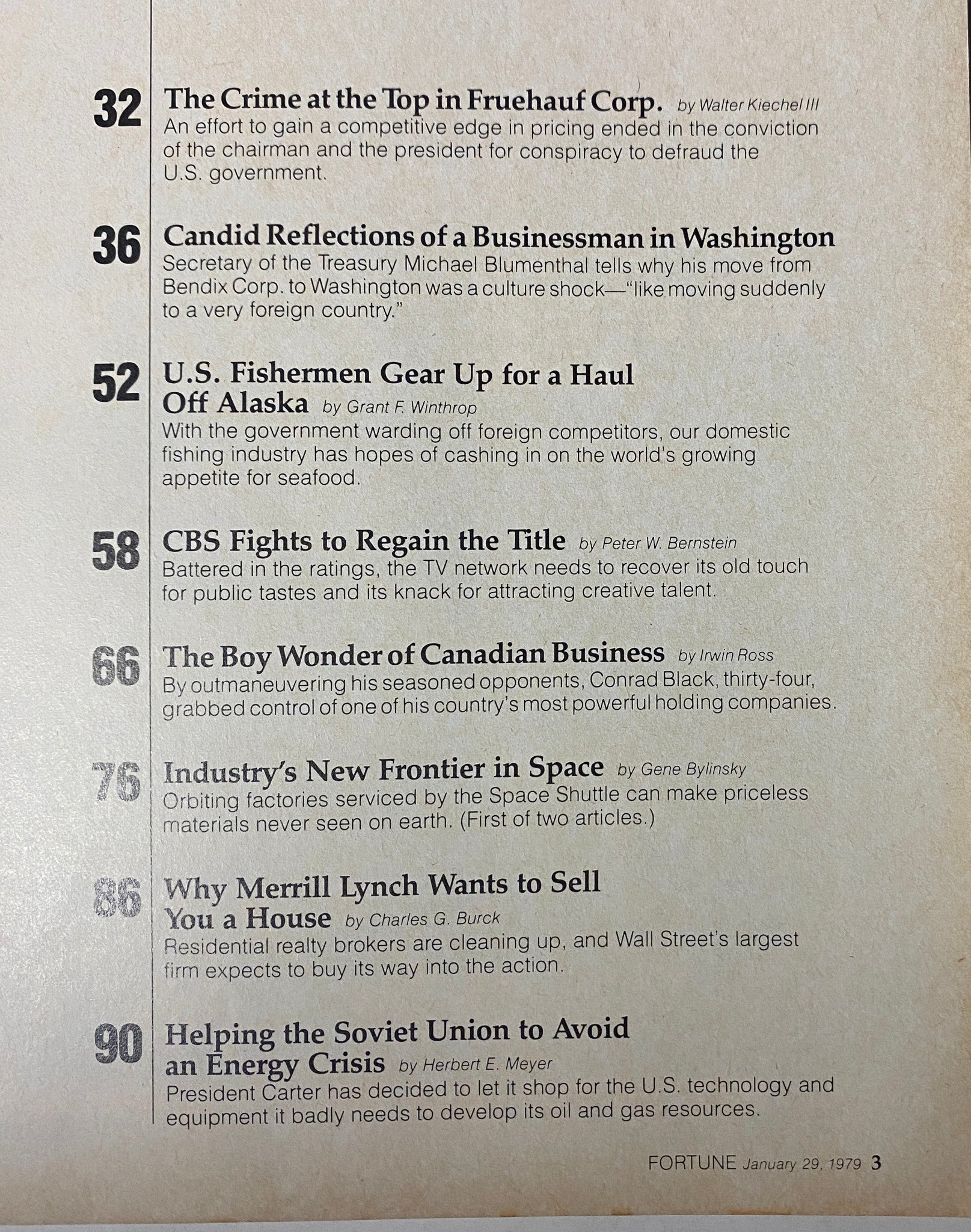 Contents page of Fortune Magazine January 29, 1979, highlighting articles on economic issues and corporate news, including contributions from notable authors.