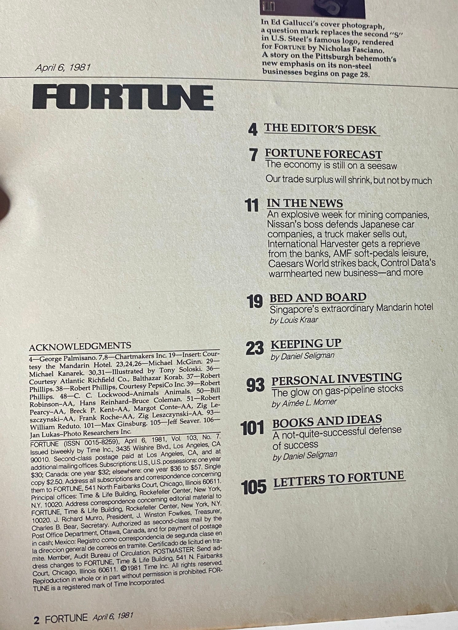 Contents page of a different issue of Fortune Magazine, April 6, 1981, showcasing articles on economic trends and corporate analysis.