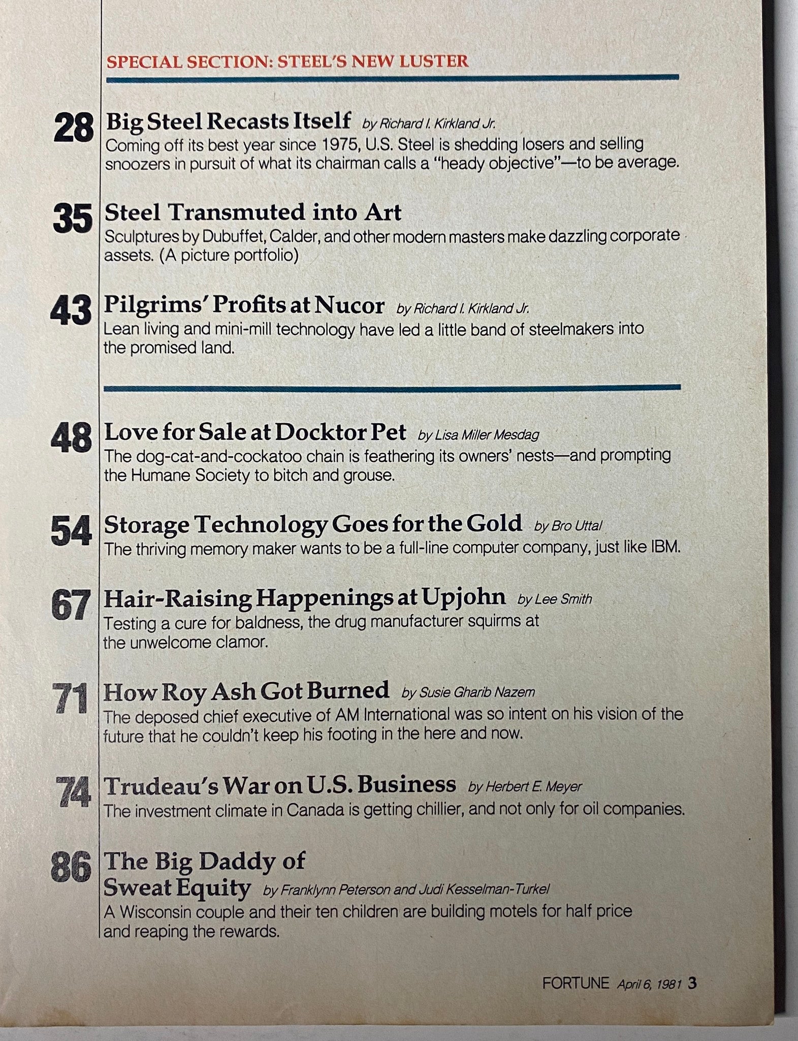 Contents page of Fortune Magazine, April 6, 1981, featuring special sections and articles related to steel industry trends.