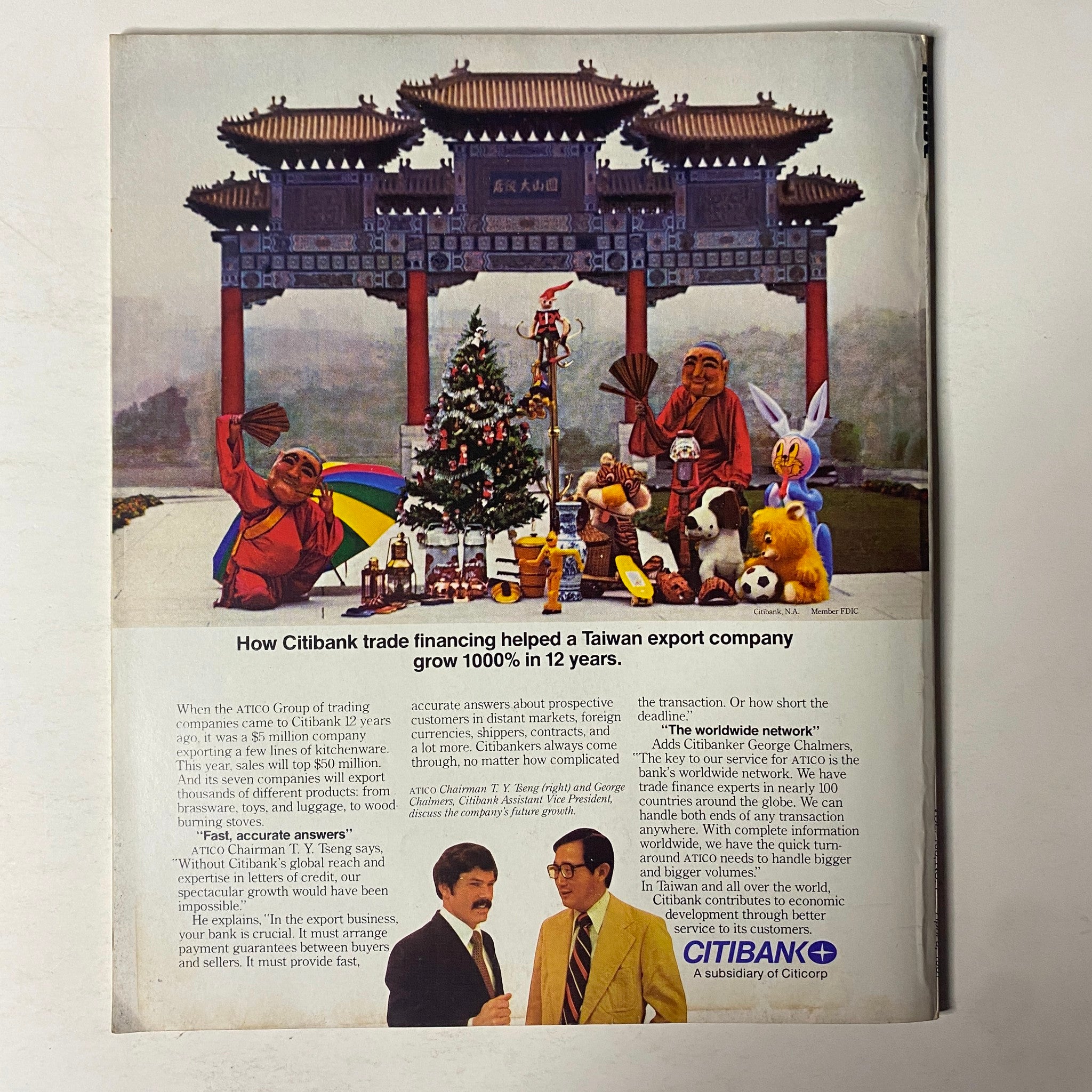 Vintage advertisement from Fortune Magazine January 29, 1979 featuring a colorful scene of a Taiwan export company celebrating Christmas with festive decorations and characters, illustrating how Citibank trade financing helped businesses grow 1000% in 12 years.