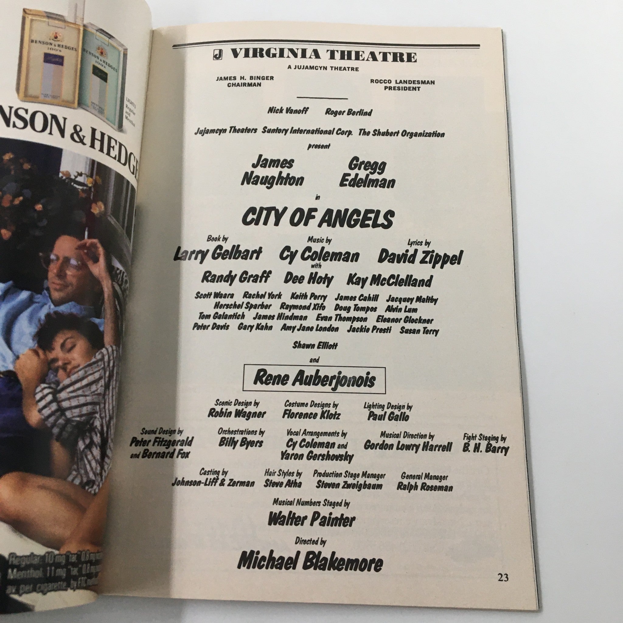 1990 Playbill Virginia Theatre James Naughton, Gregg Edelman in City of Angels