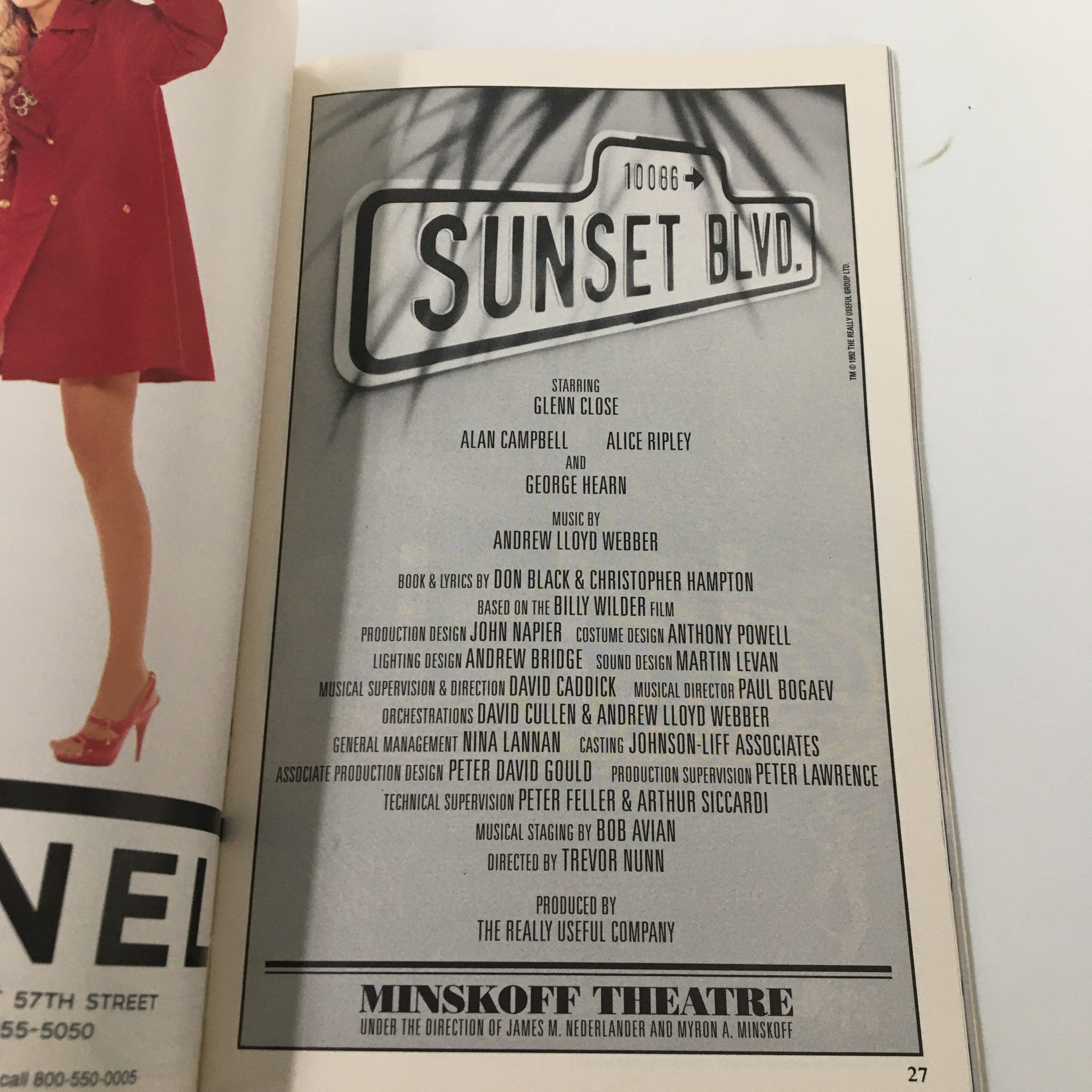 1995 Playbill Minskoff Theatre Glenn Close, Alan Campbell in 10086 Sunset Blvd.