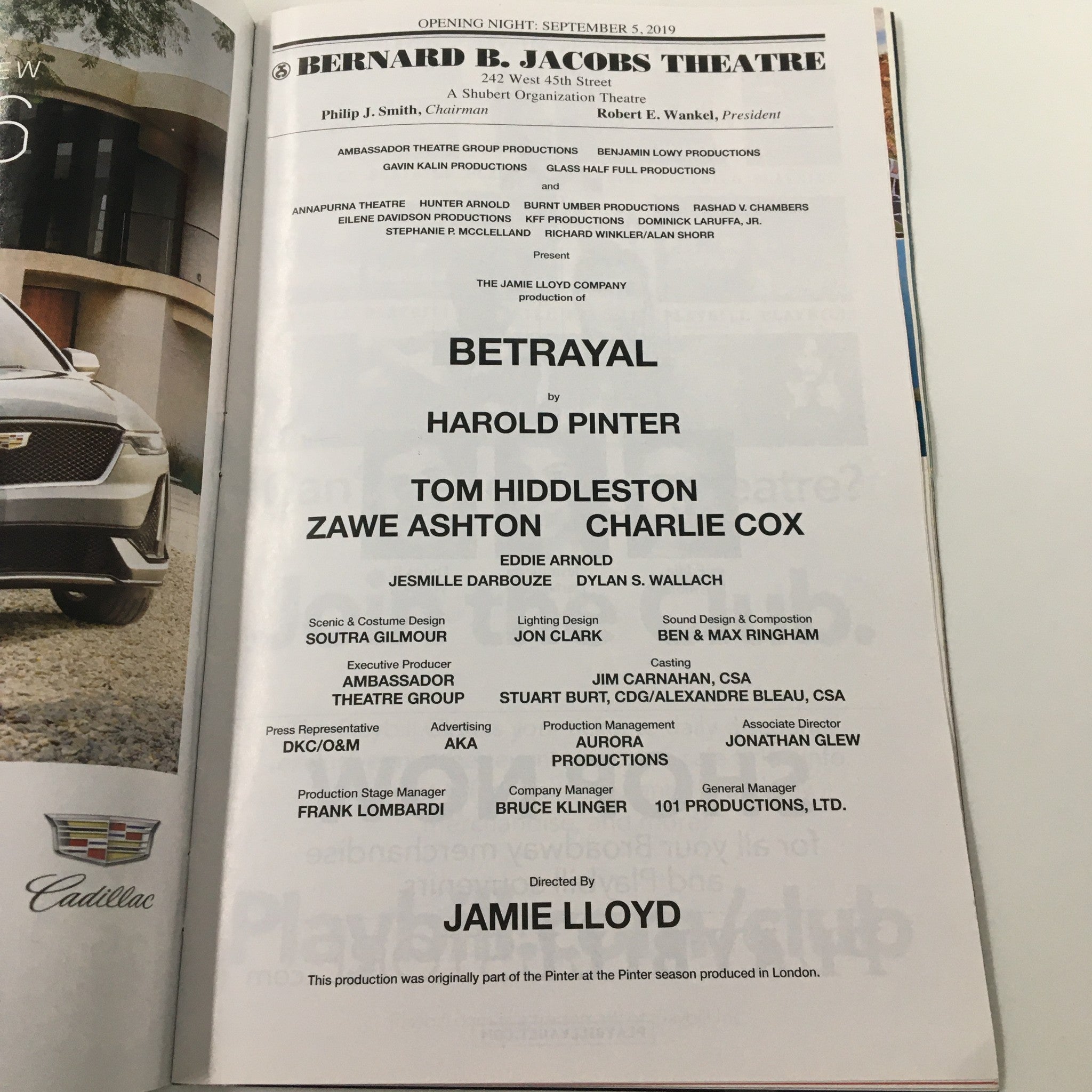 2019 Playbill Bernard B. Jacobs Theatre Tom Hiddleston Betrayal by Harold Pinter