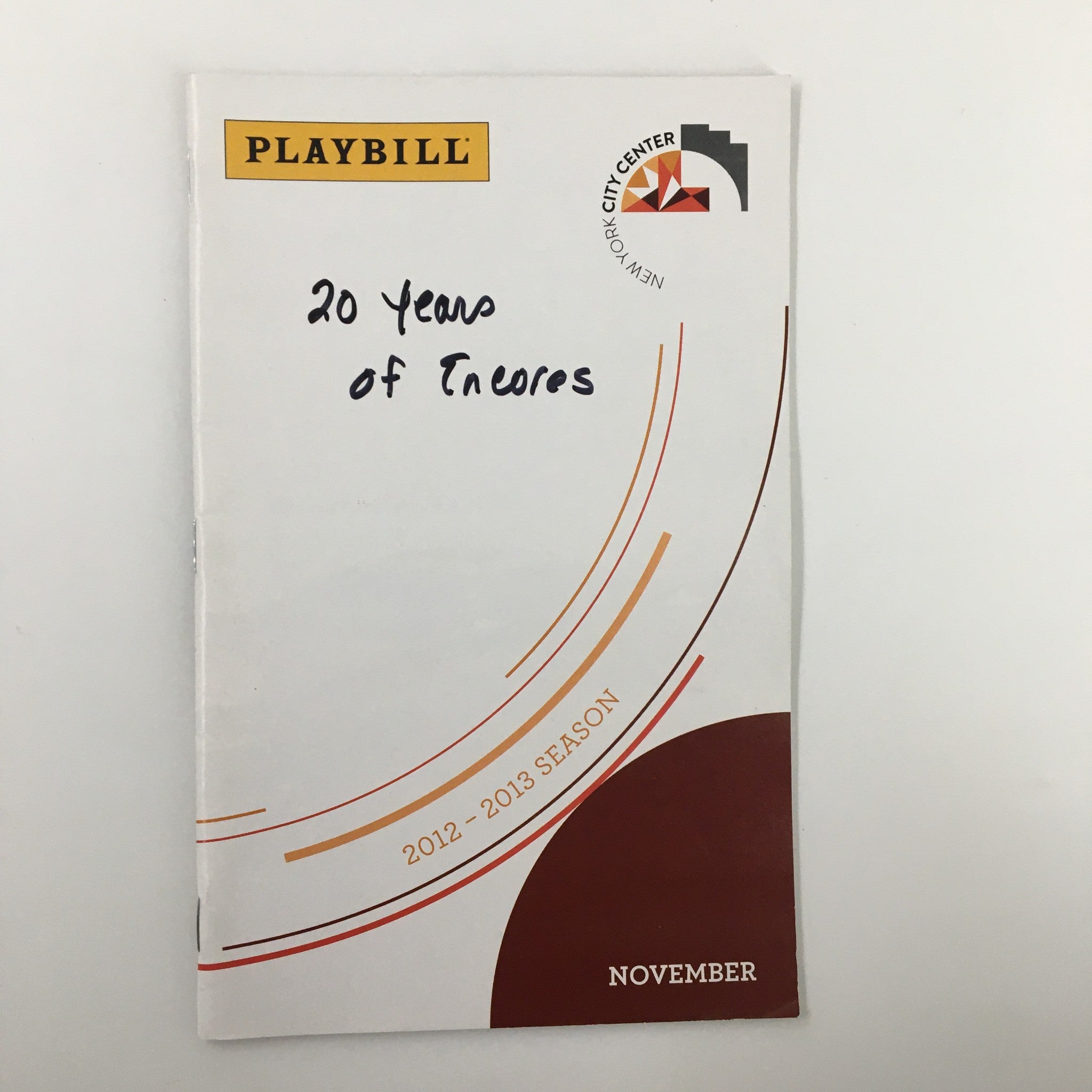 2012 Playbill New York City Center 20 Years of Encore Gala Celebration cover featuring a simple design and the title handwritten on the front.