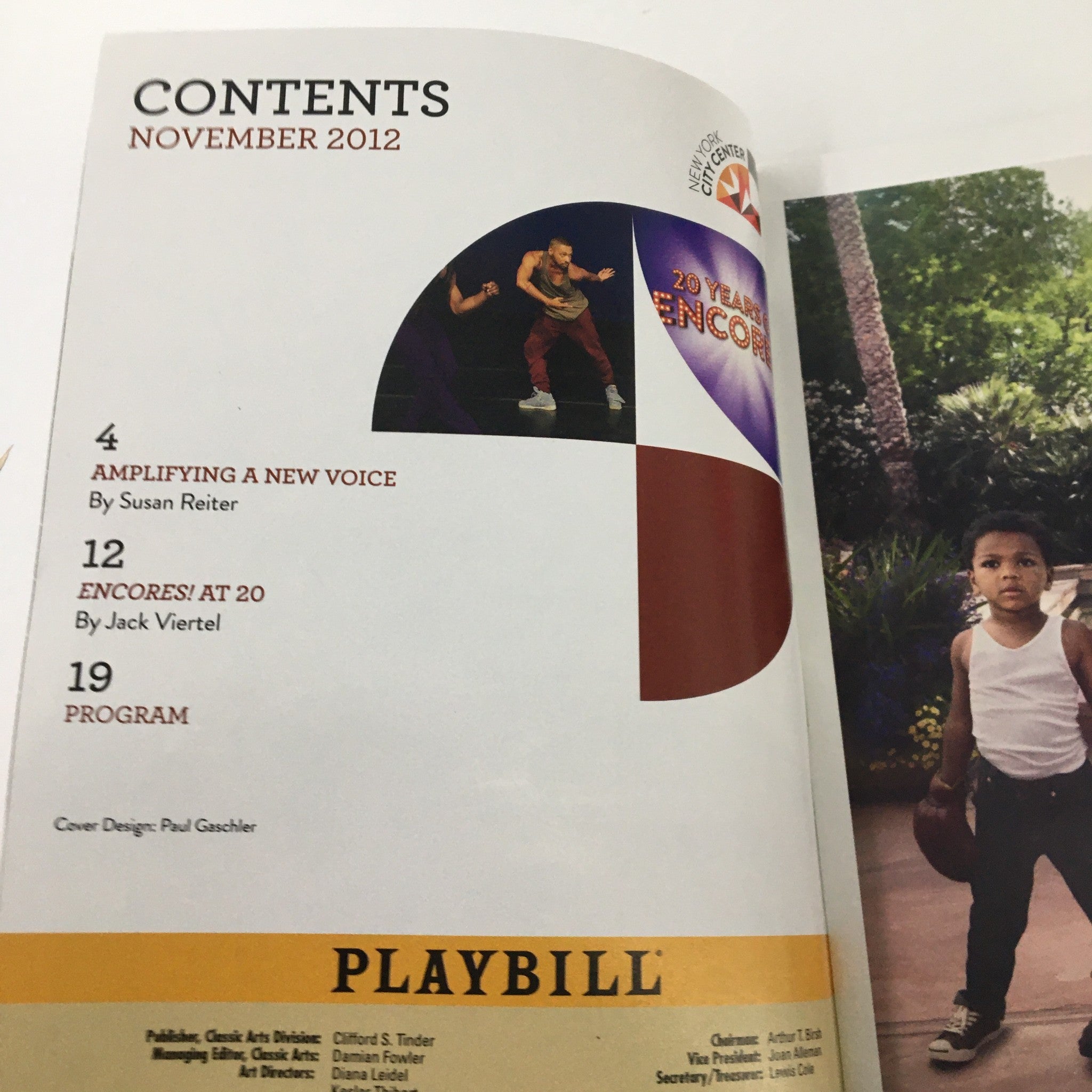 2012 Playbill New York City Center 20 Years of Encore Gala Celebration contents page showcasing articles and program details.