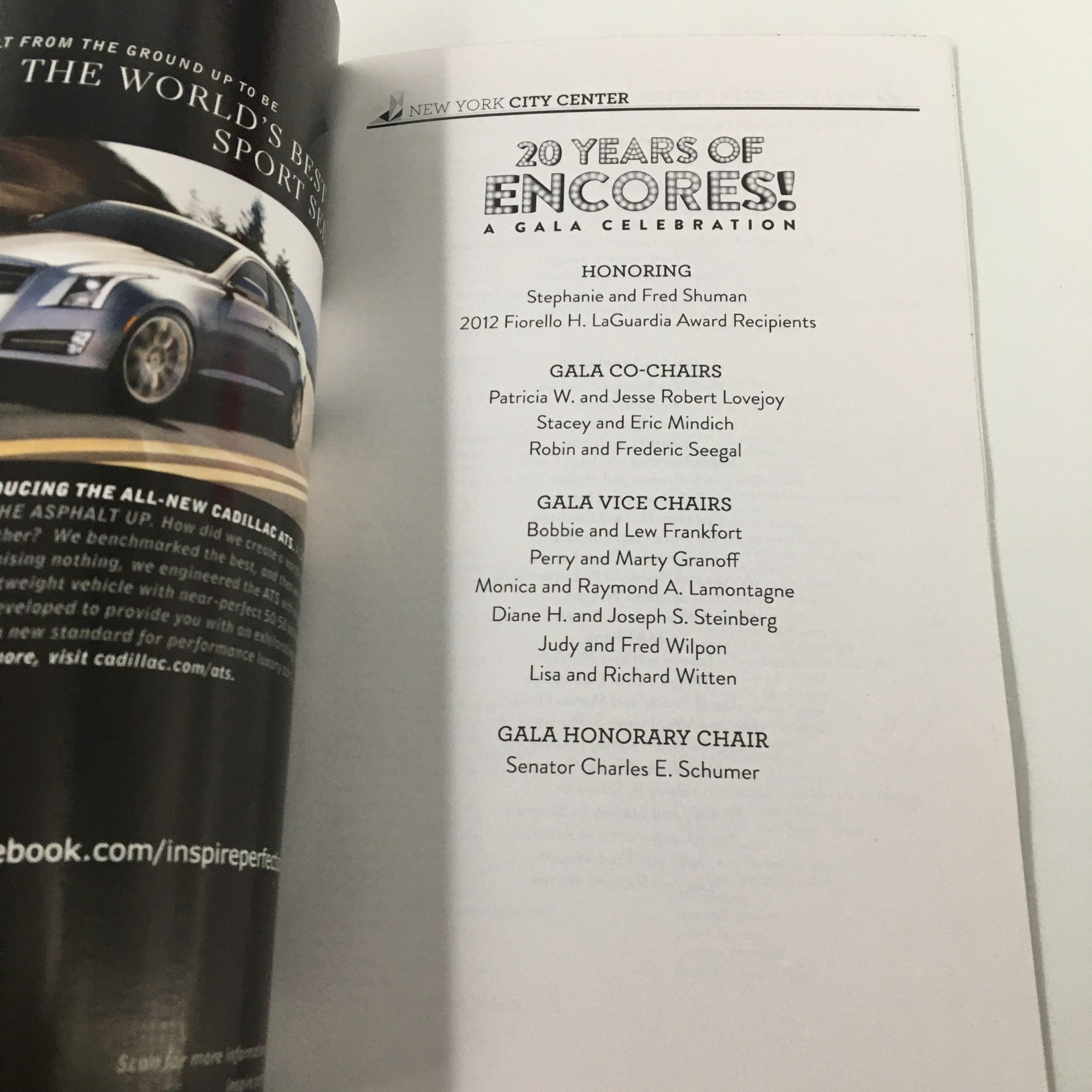 Inside view of the 2012 Playbill New York City Center 20 Years of Encore Gala Celebration, featuring the list of honorees and gala co-chairs such as Stephanie and Fred Shuman, alongside other notable contributors.