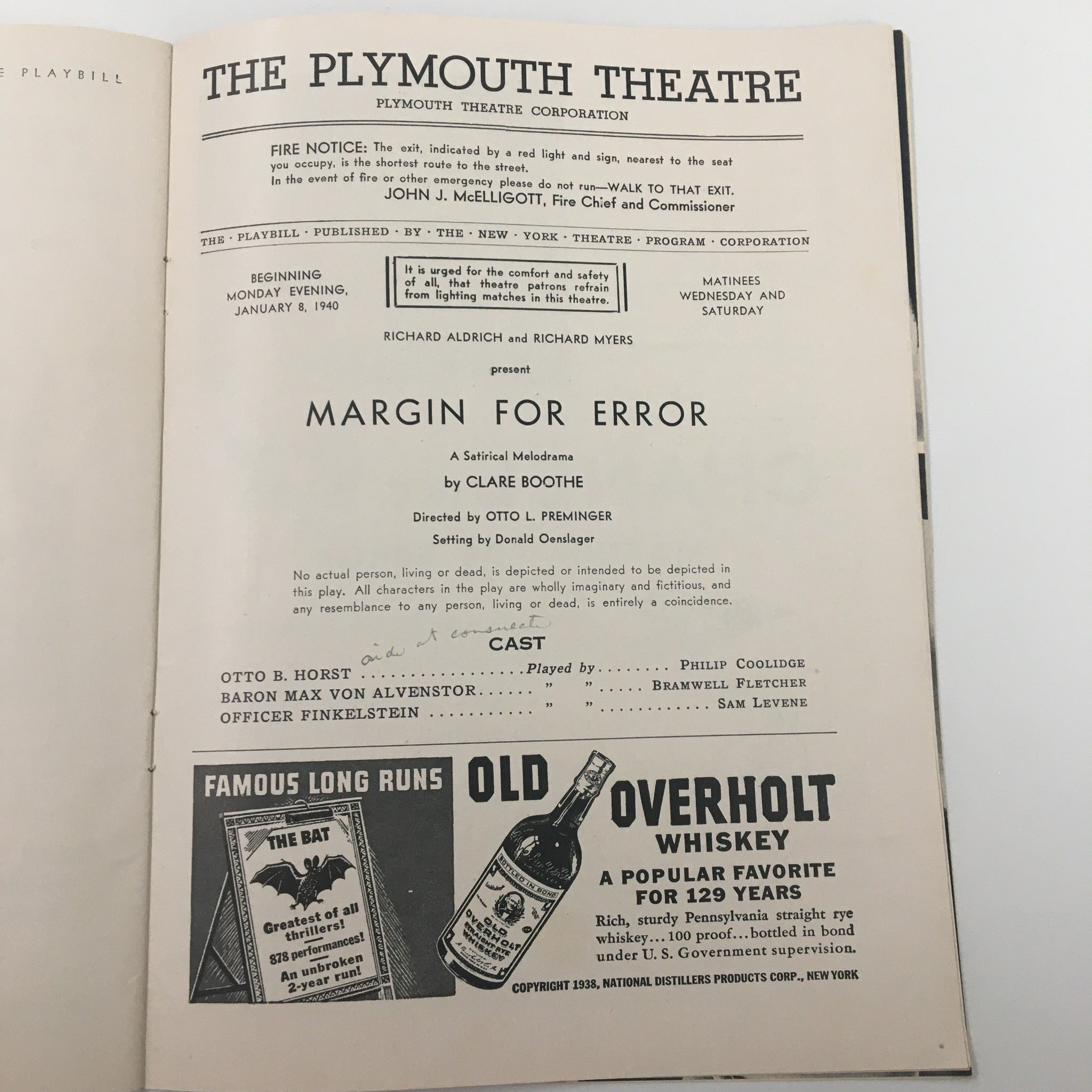 1940 Playbill The Plymouth Theatre Margin for Error by Claire Boothe