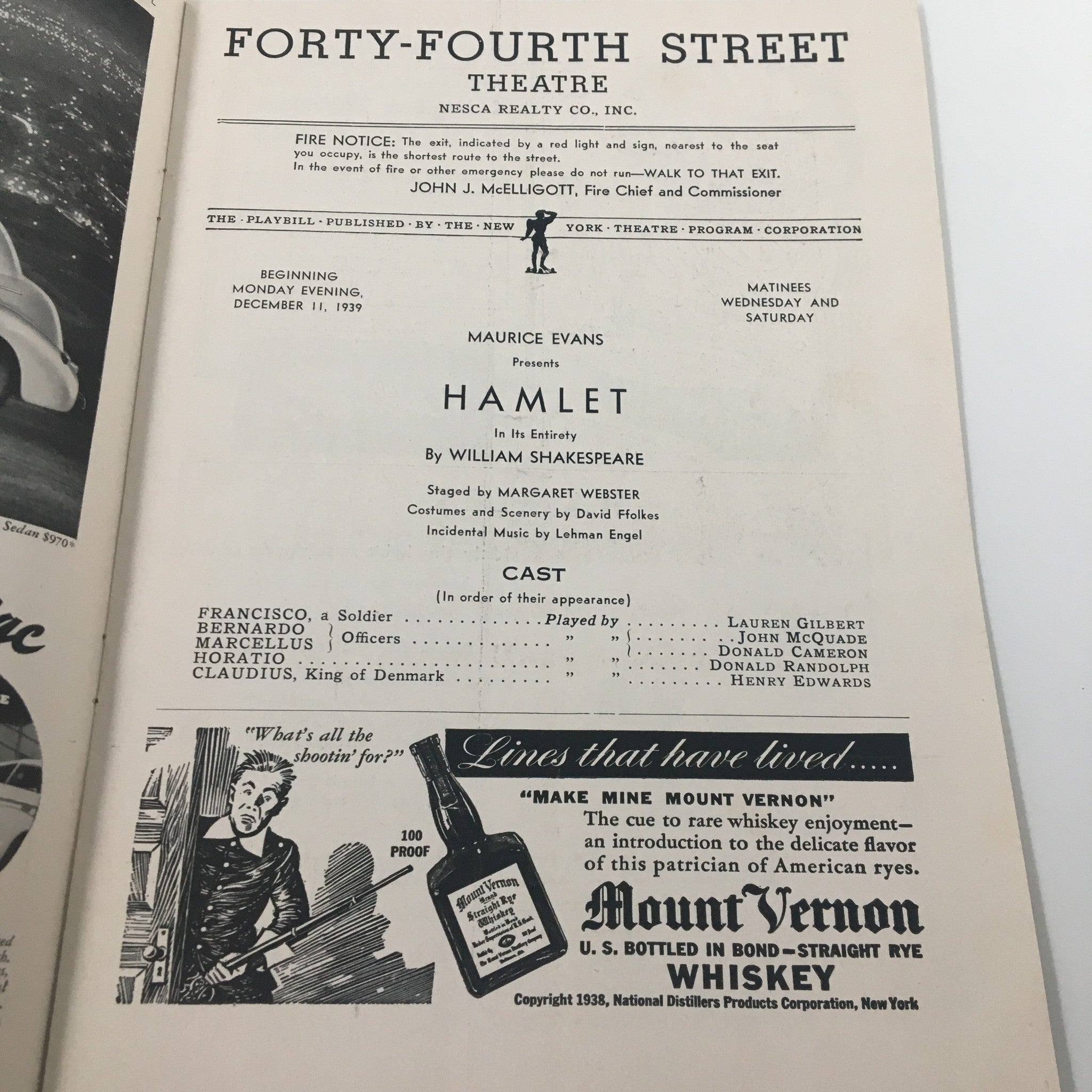 1939 Playbill Forty-Fourth Street Theatre Maurice Evans Presents Hamlet