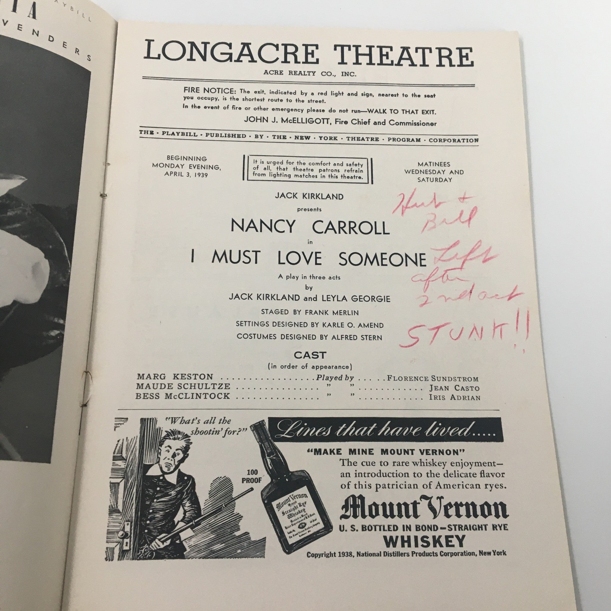 1939 Playbill Longacre Theatre Nancy Carroll in I Must Love Someone