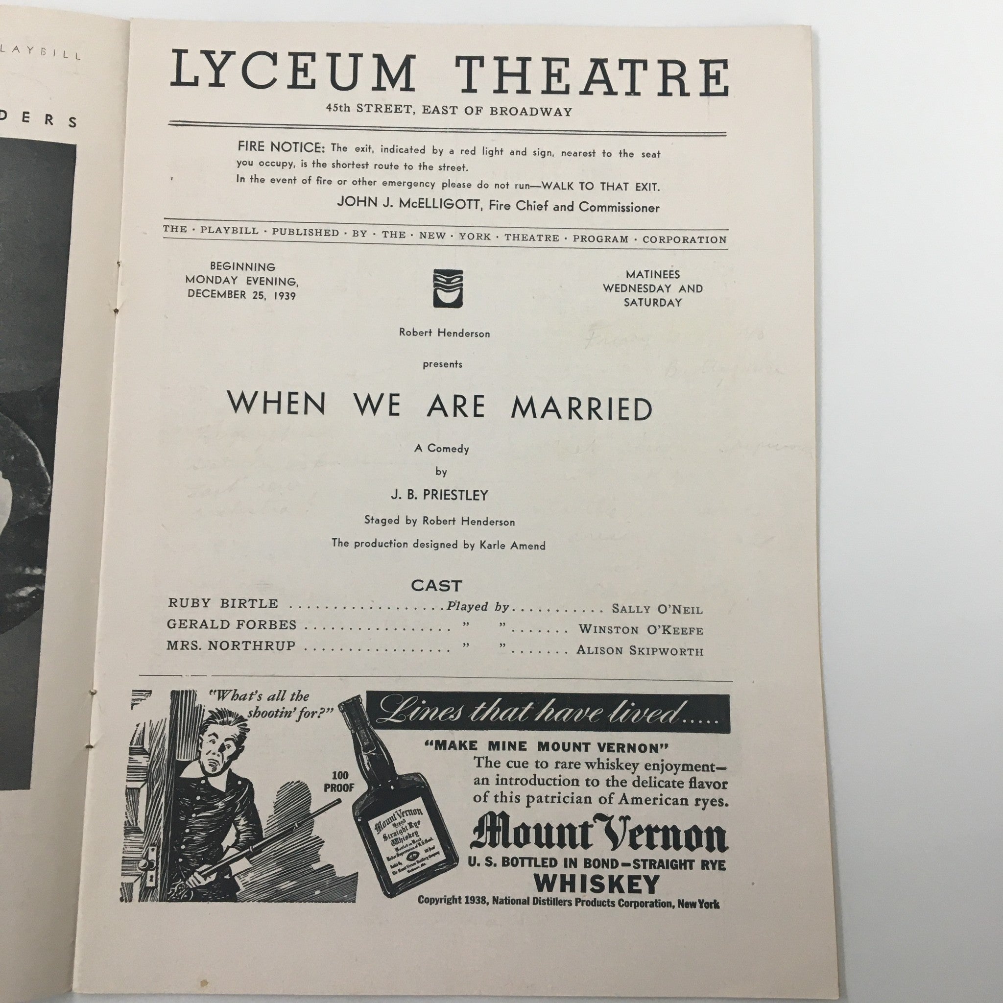 1939 Playbill Lyceum Theatre When We Are Married by J. B. Priestley