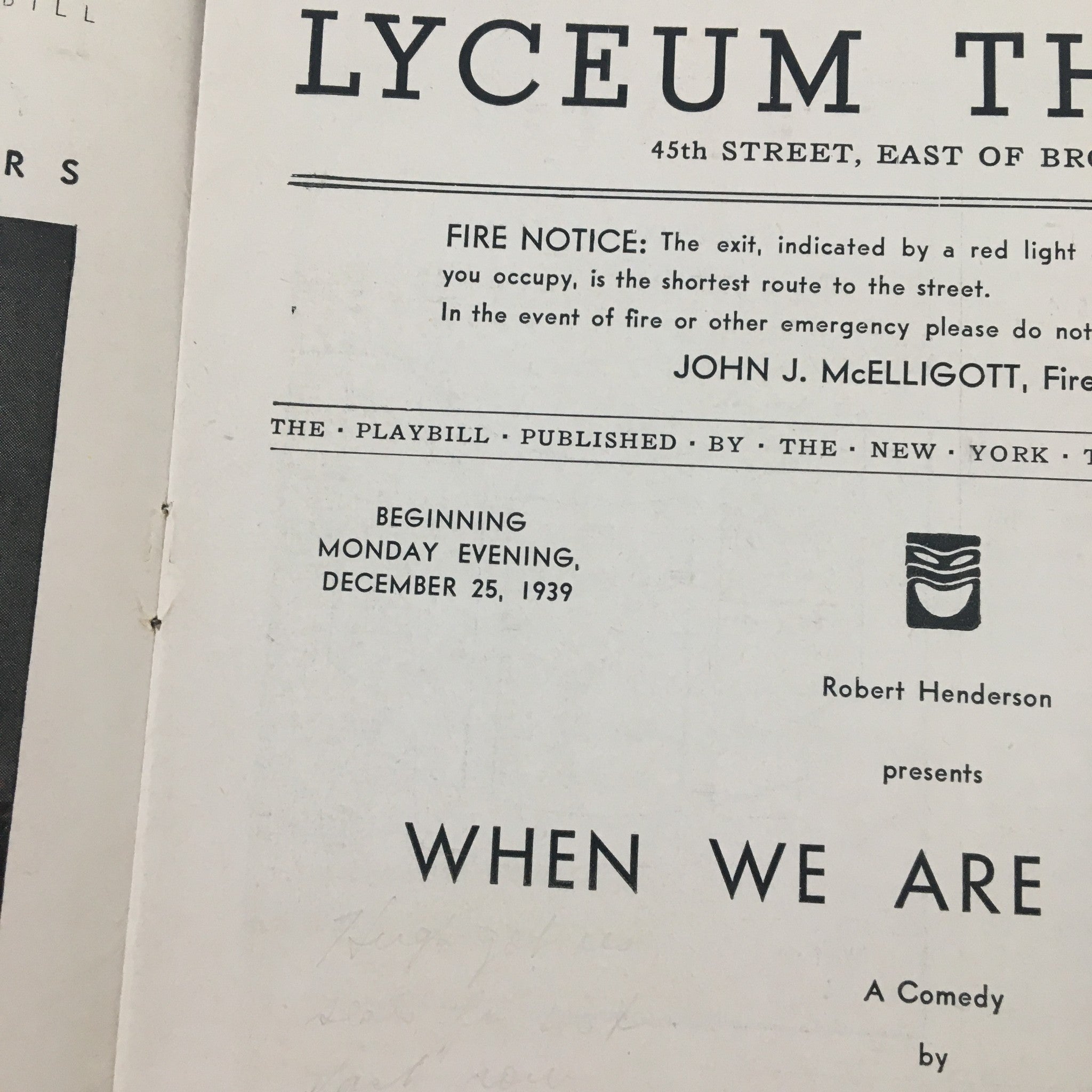 1939 Playbill Lyceum Theatre When We Are Married by J. B. Priestley