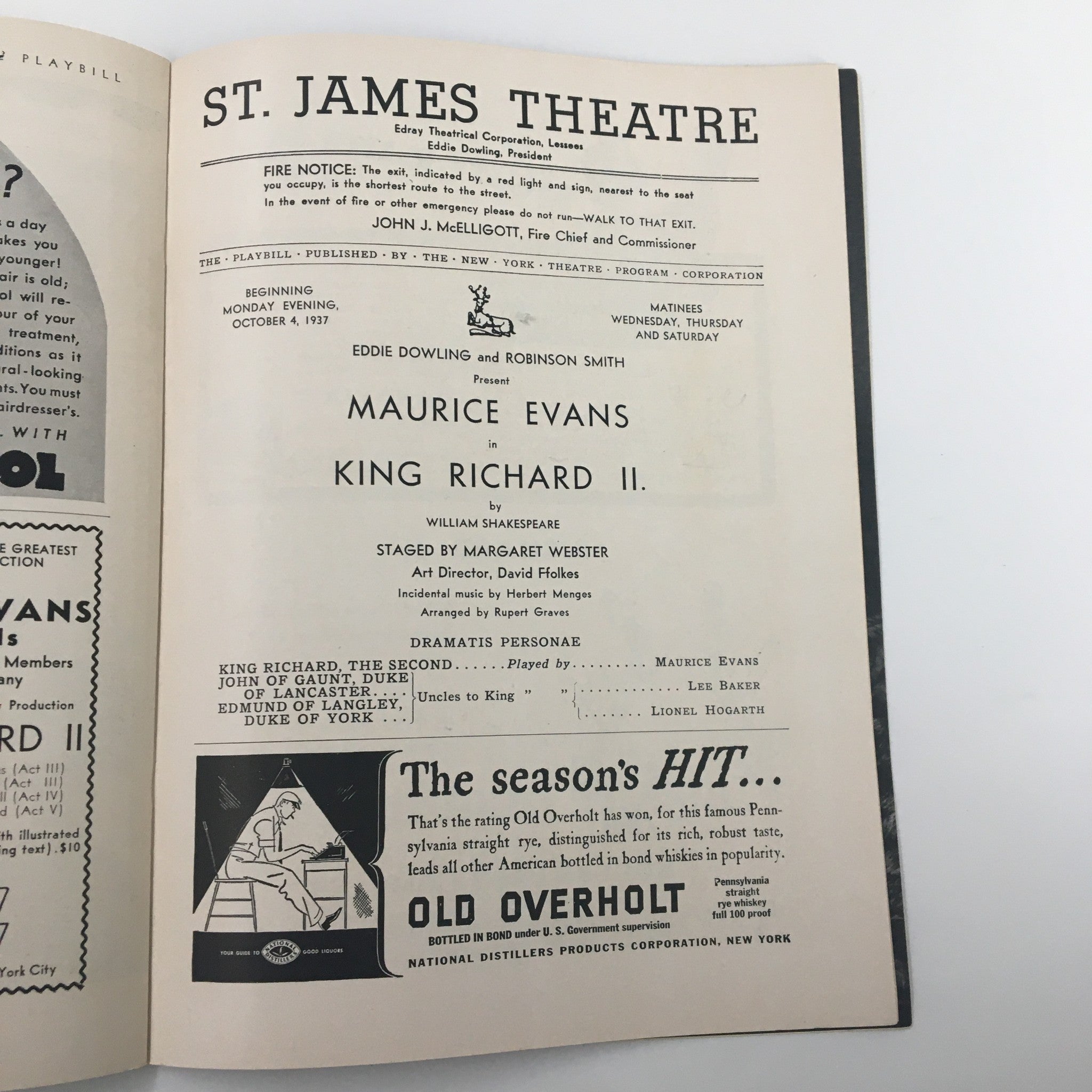 1937 Playbill St. James Theatre Maurice Evans in King Richard II by Shakespeare