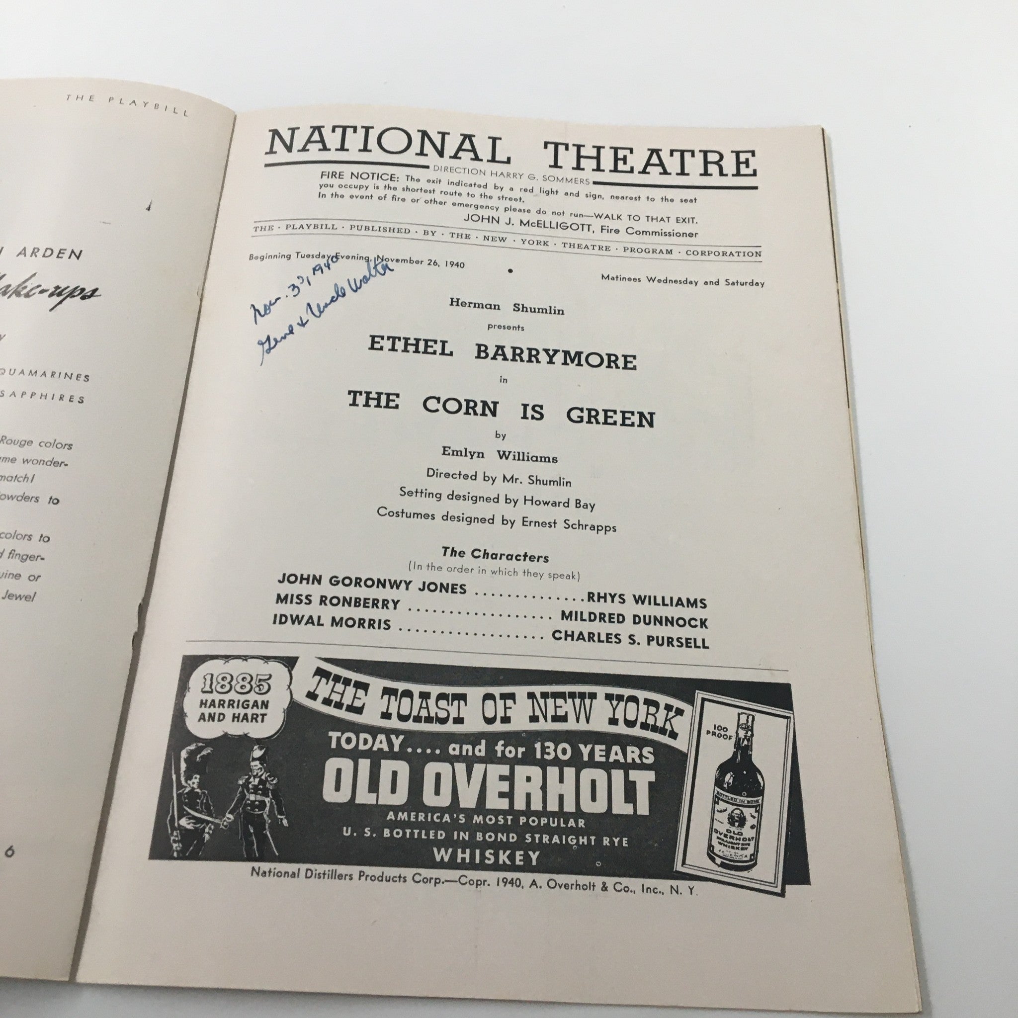 1940 Playbill National Theatre Ethel Barrymore in The Corn is Green