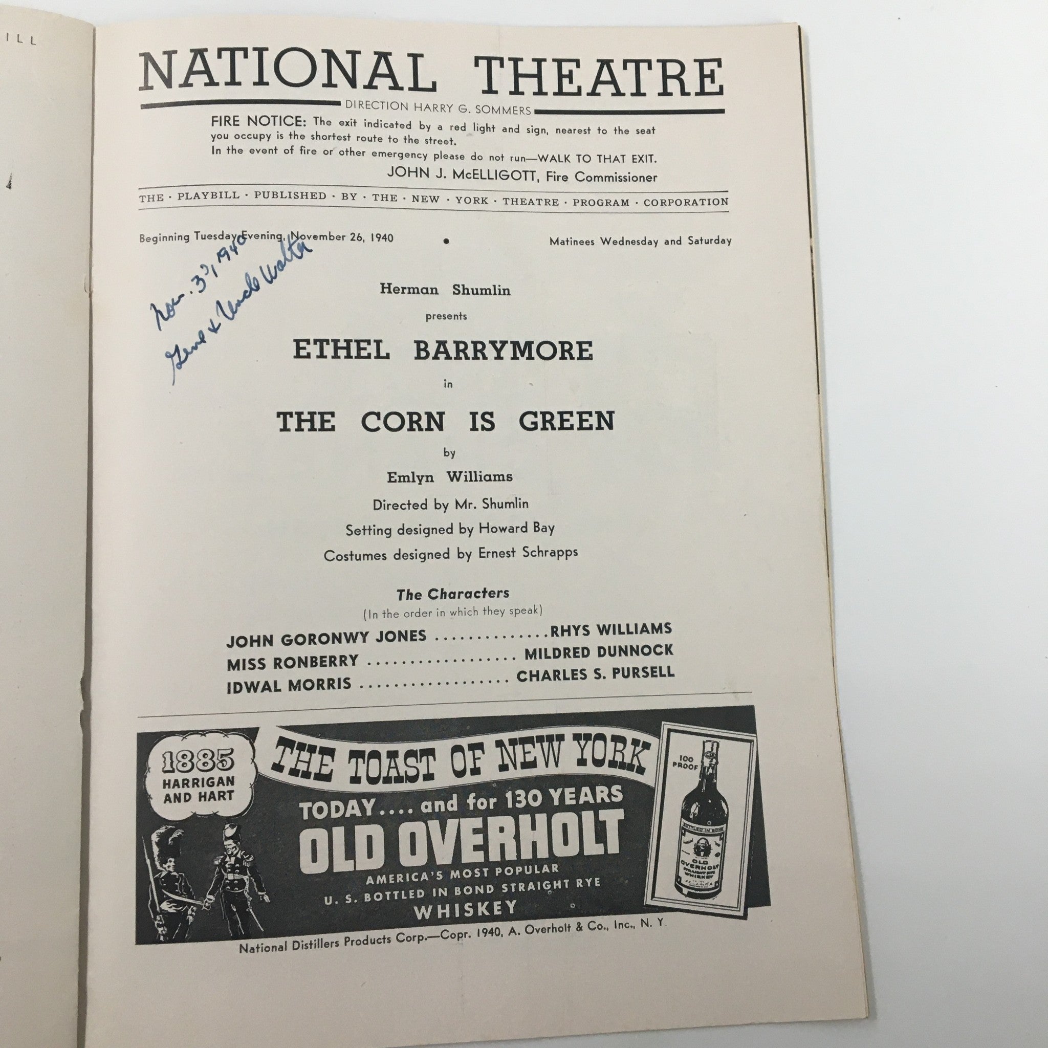 1940 Playbill National Theatre Ethel Barrymore in The Corn is Green