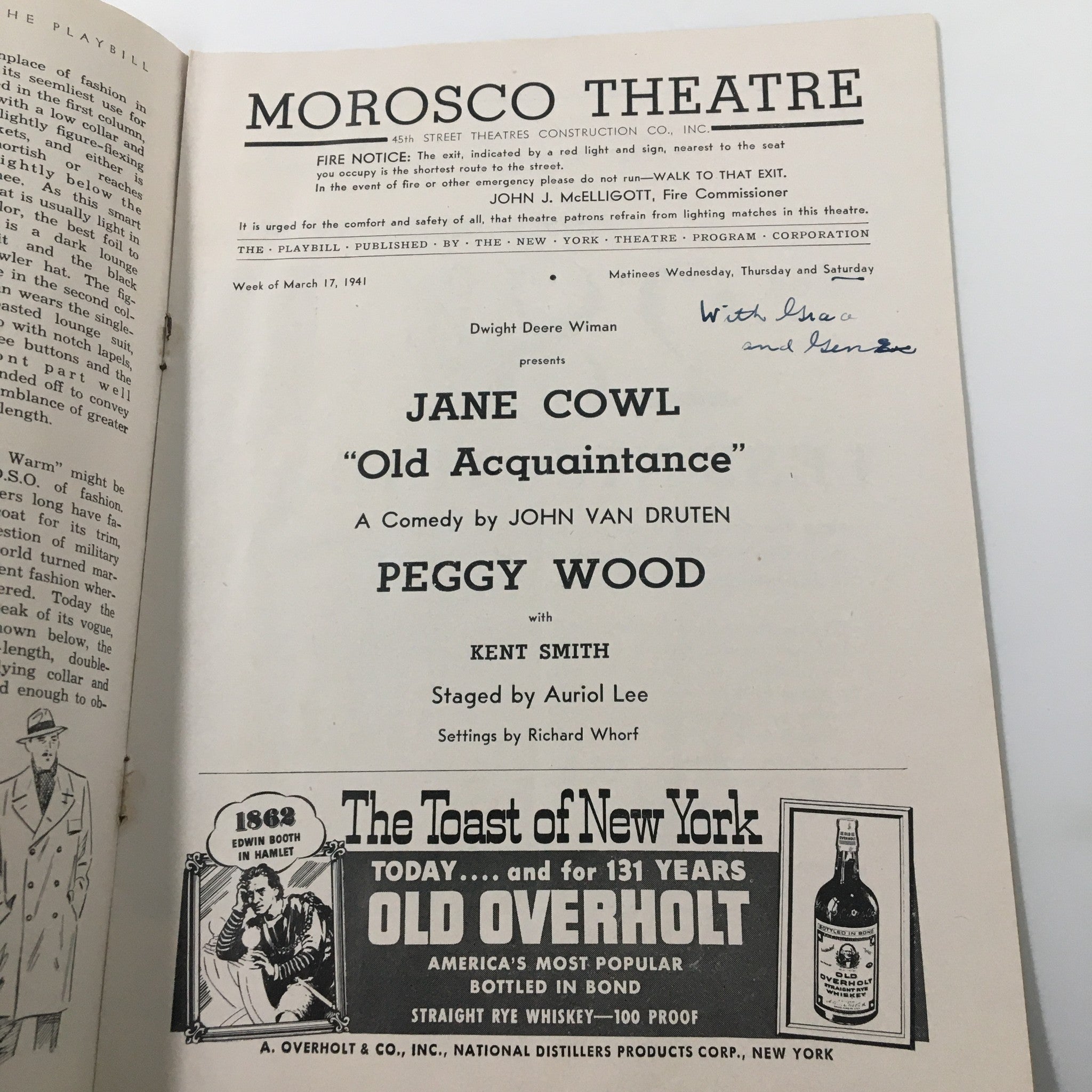 1941 Playbill Morosco Theatre Jane Cowl Old Acquaintance by John Van Druten