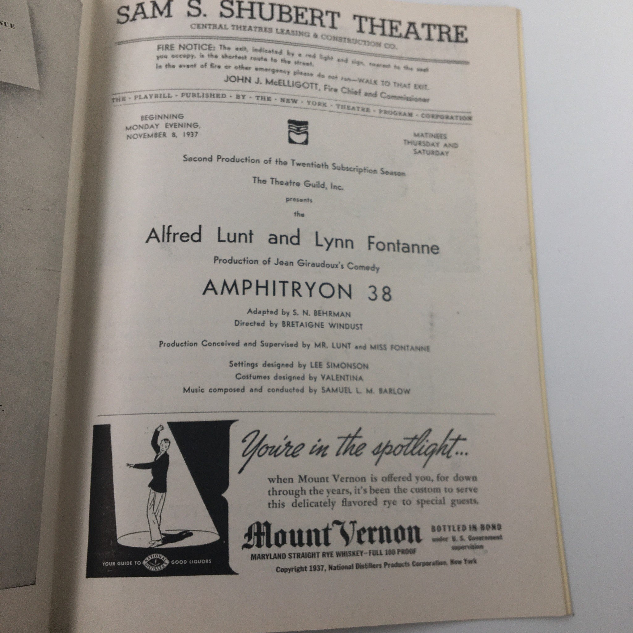 1937 Playbill Sam S. Shubert Theatre Alfred Lunt and Lynn Fontanne Amphitryon 38