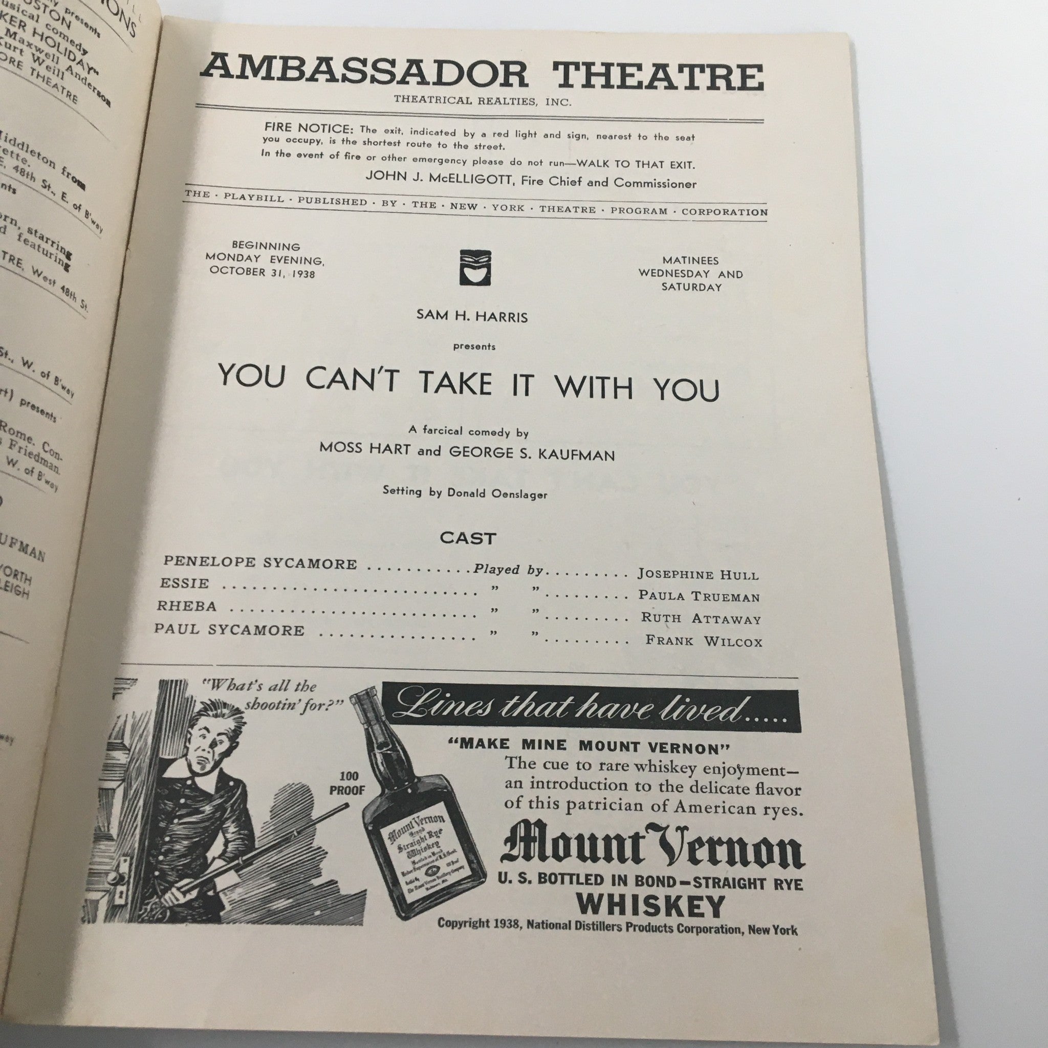 1938 Playbill Ambassador Theatre You Can't Take It With You by Moss Hart