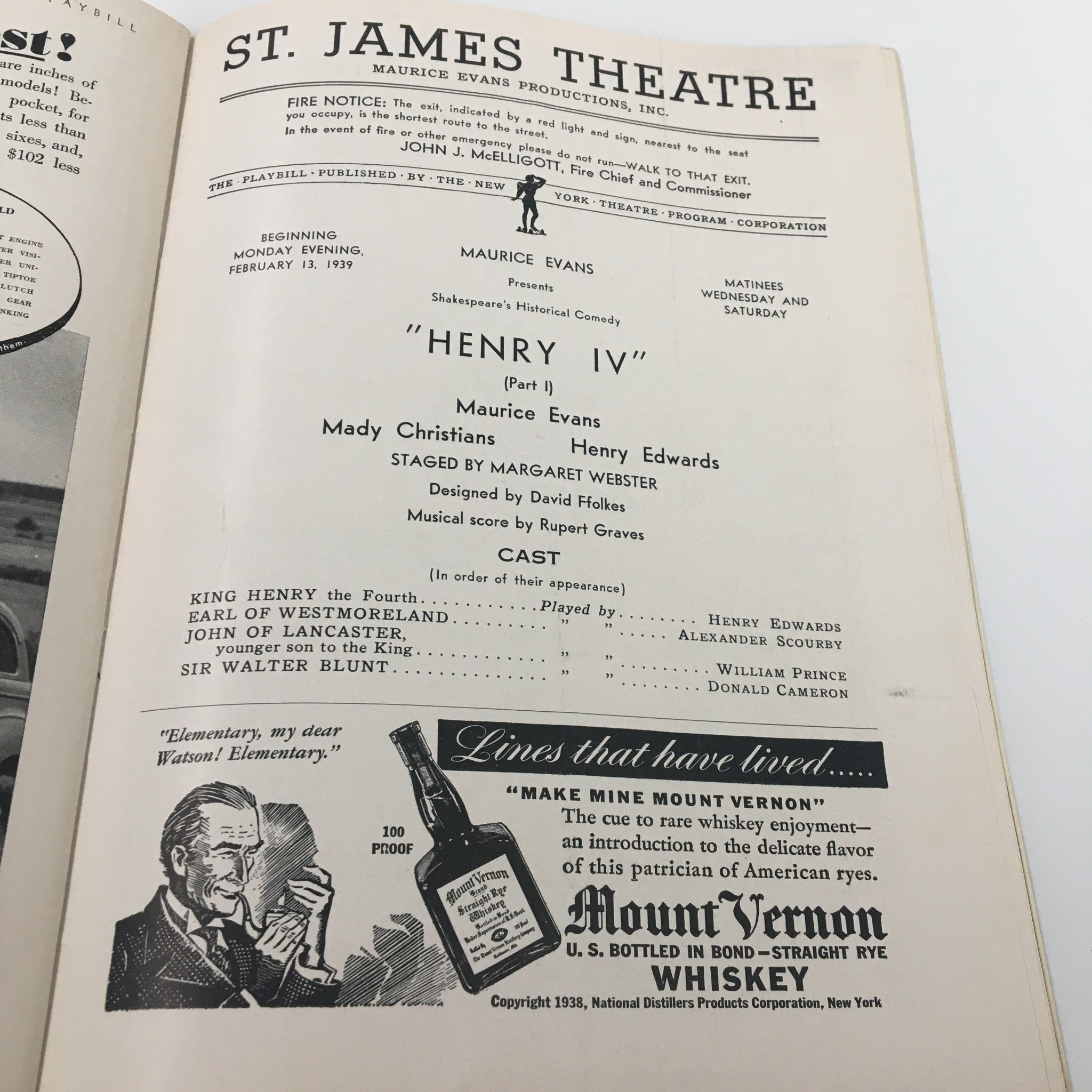 1939 Playbill St. James Theatre Maurice Evans, Mady Christians Henry IV Part I