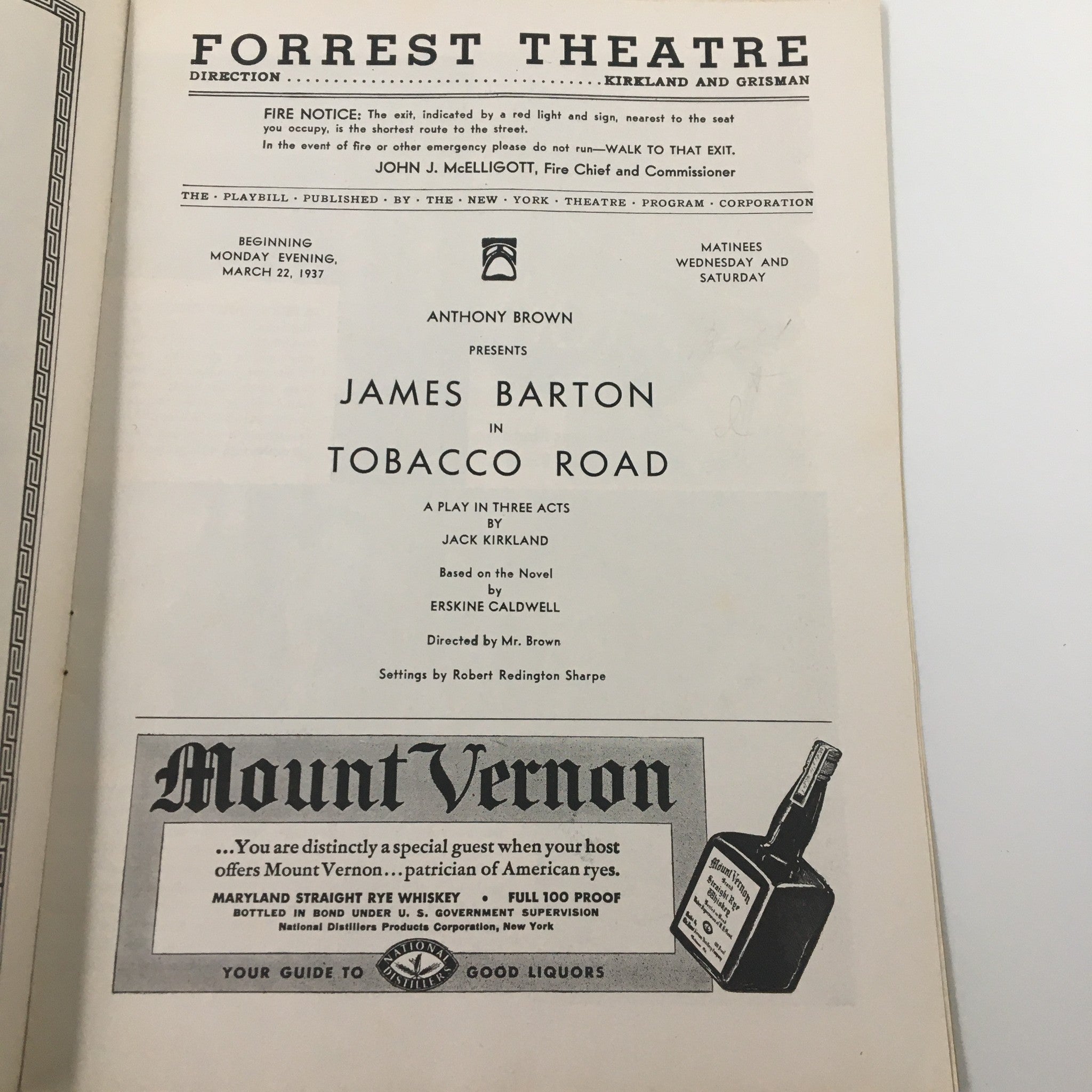 1937 Playbill Forrest Theatre Anthony Brown, James Barton in Tobacco Road