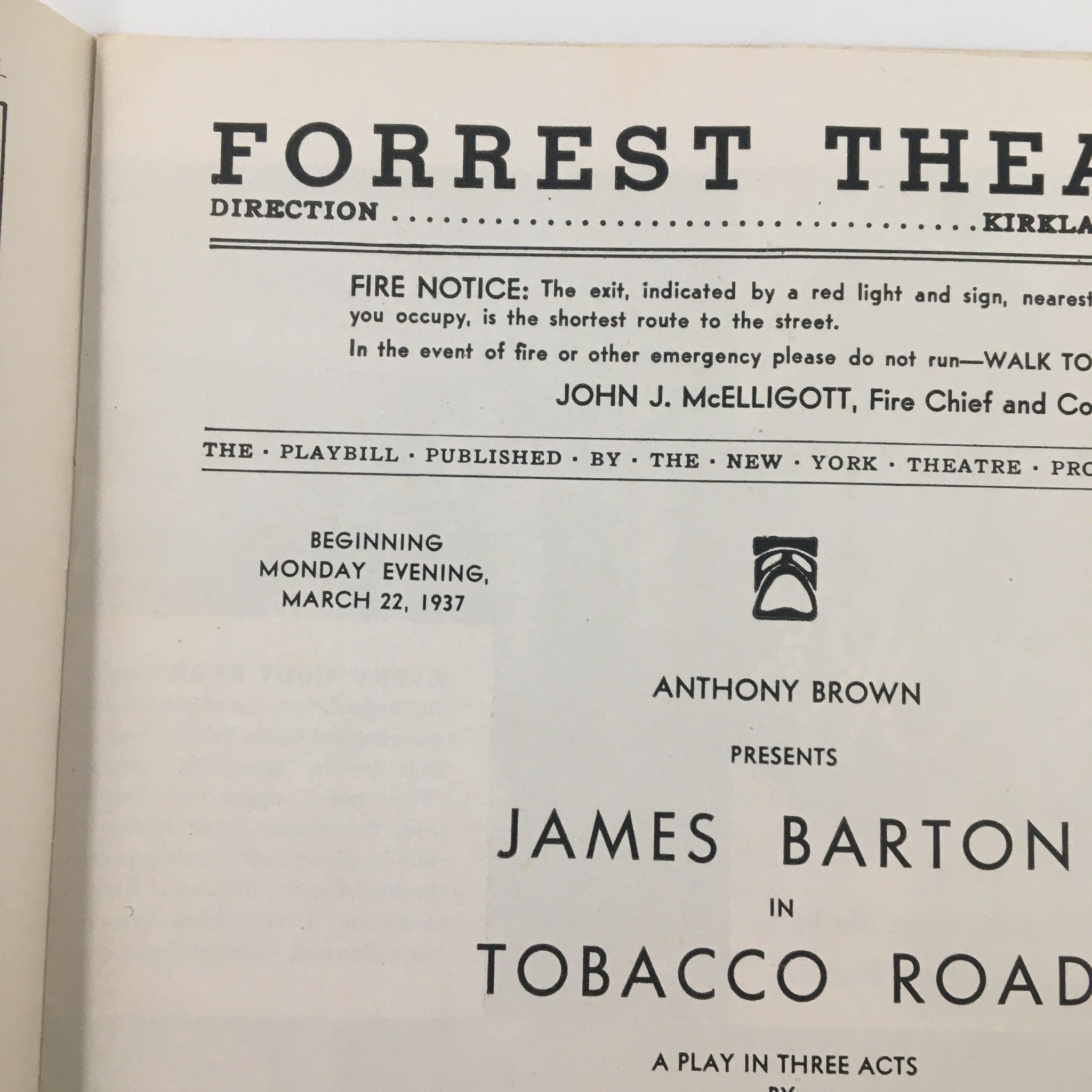 1937 Playbill Forrest Theatre Anthony Brown, James Barton in Tobacco Road